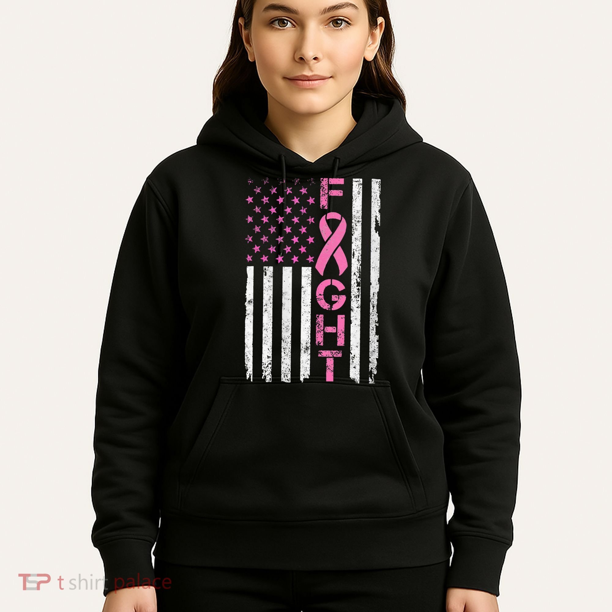 Breast Cancer Awareness American Flag Distressed Hoodie