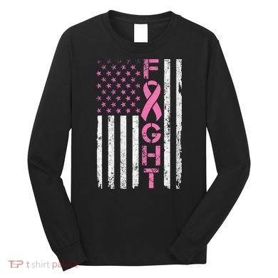 Breast Cancer Awareness American Flag Distressed Long Sleeve Shirt
