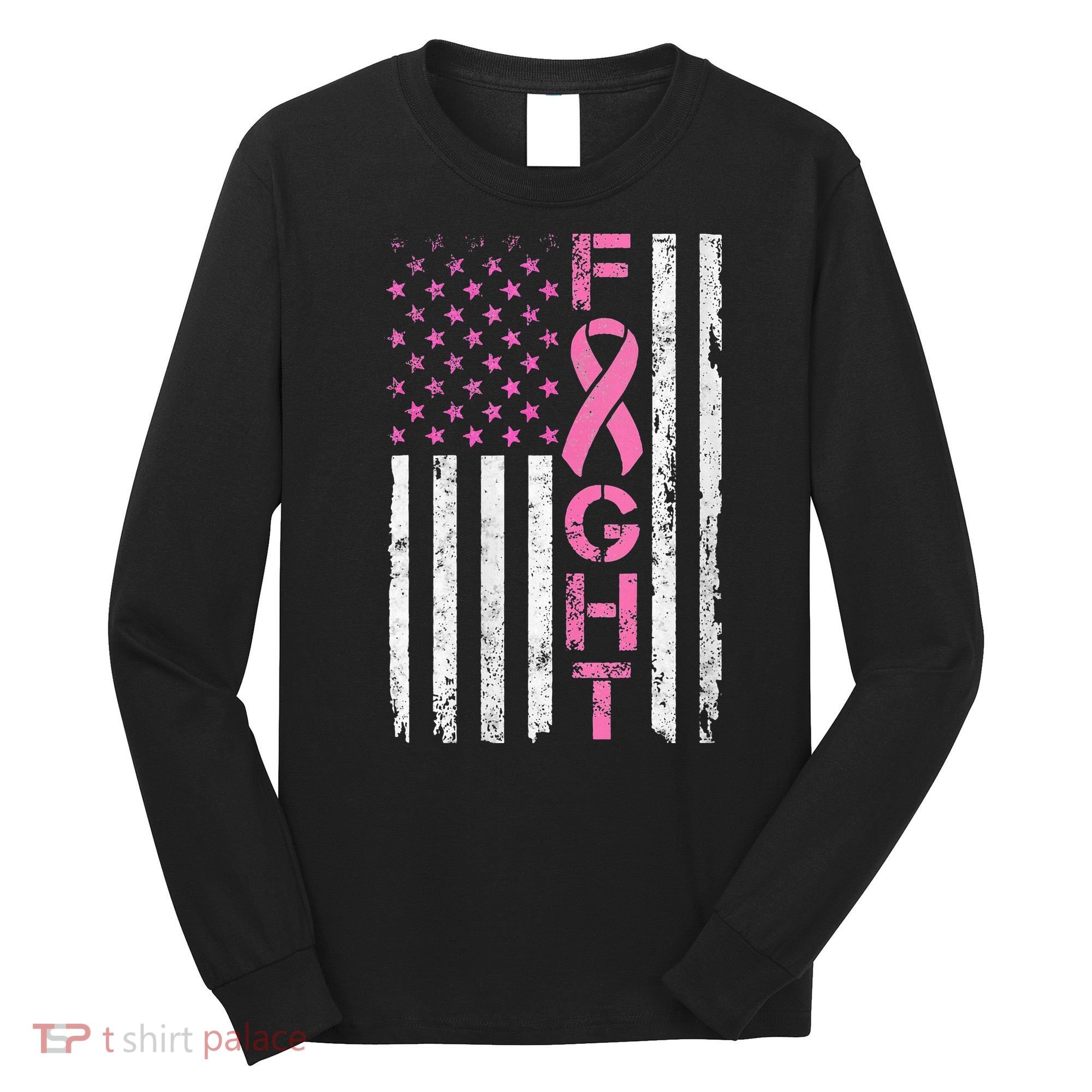 Breast Cancer Awareness American Flag Distressed Long Sleeve Shirt