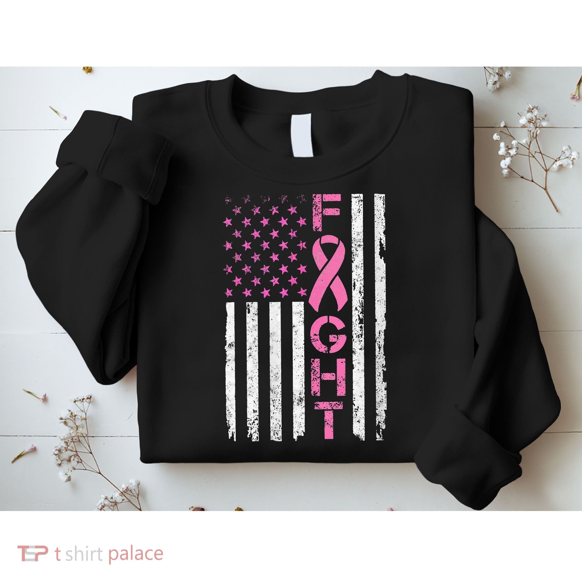 Breast Cancer Awareness American Flag Distressed Sweatshirt