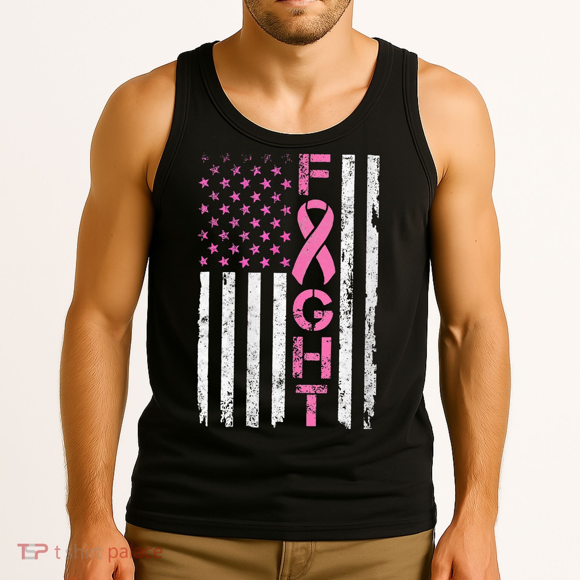 Breast Cancer Awareness American Flag Distressed Tank Top