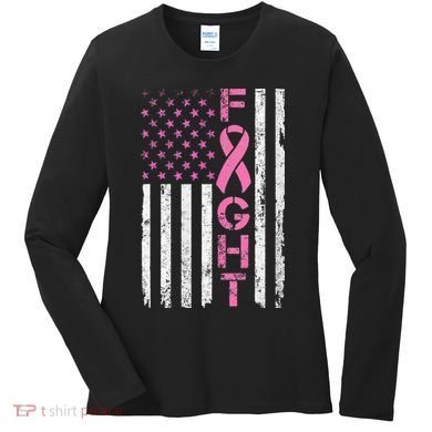 Breast Cancer Awareness American Flag Distressed Women's Long Sleeve Shirt