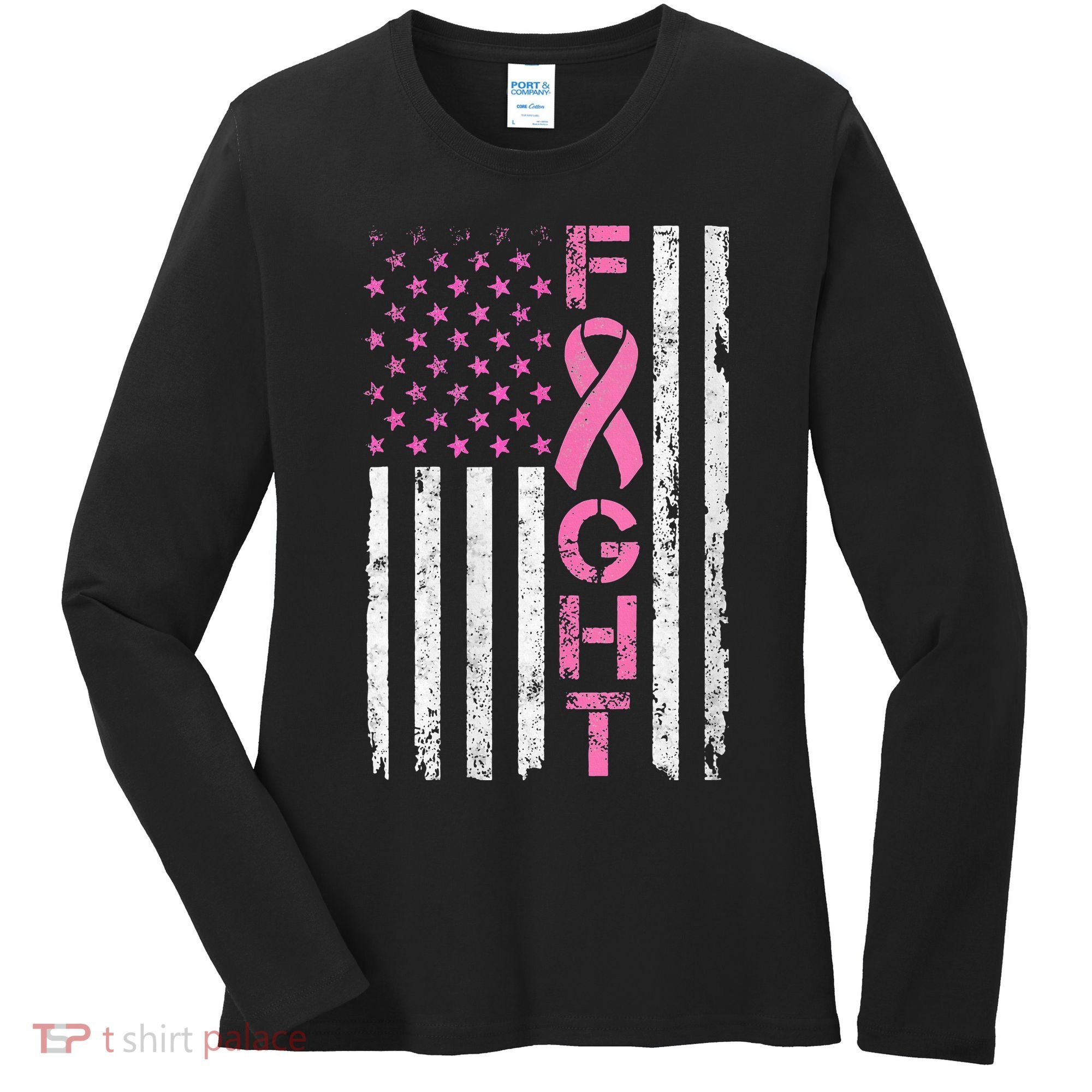 Breast Cancer Awareness American Flag Distressed Women's Long Sleeve Shirt