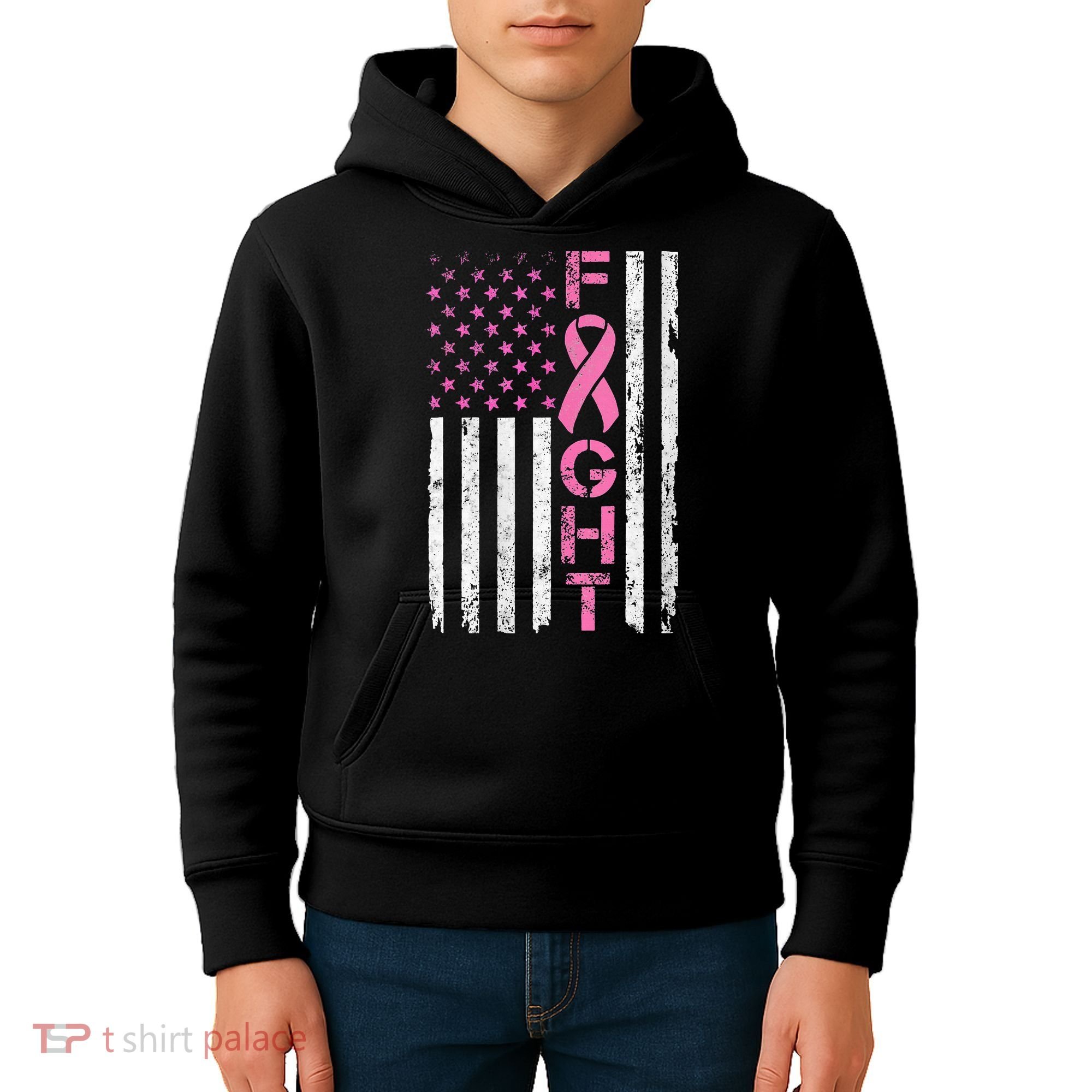 Breast Cancer Awareness American Flag Distressed Kids Hoodie