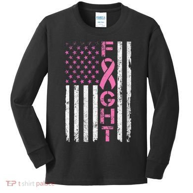 Breast Cancer Awareness American Flag Distressed Kids Long Sleeve Shirt