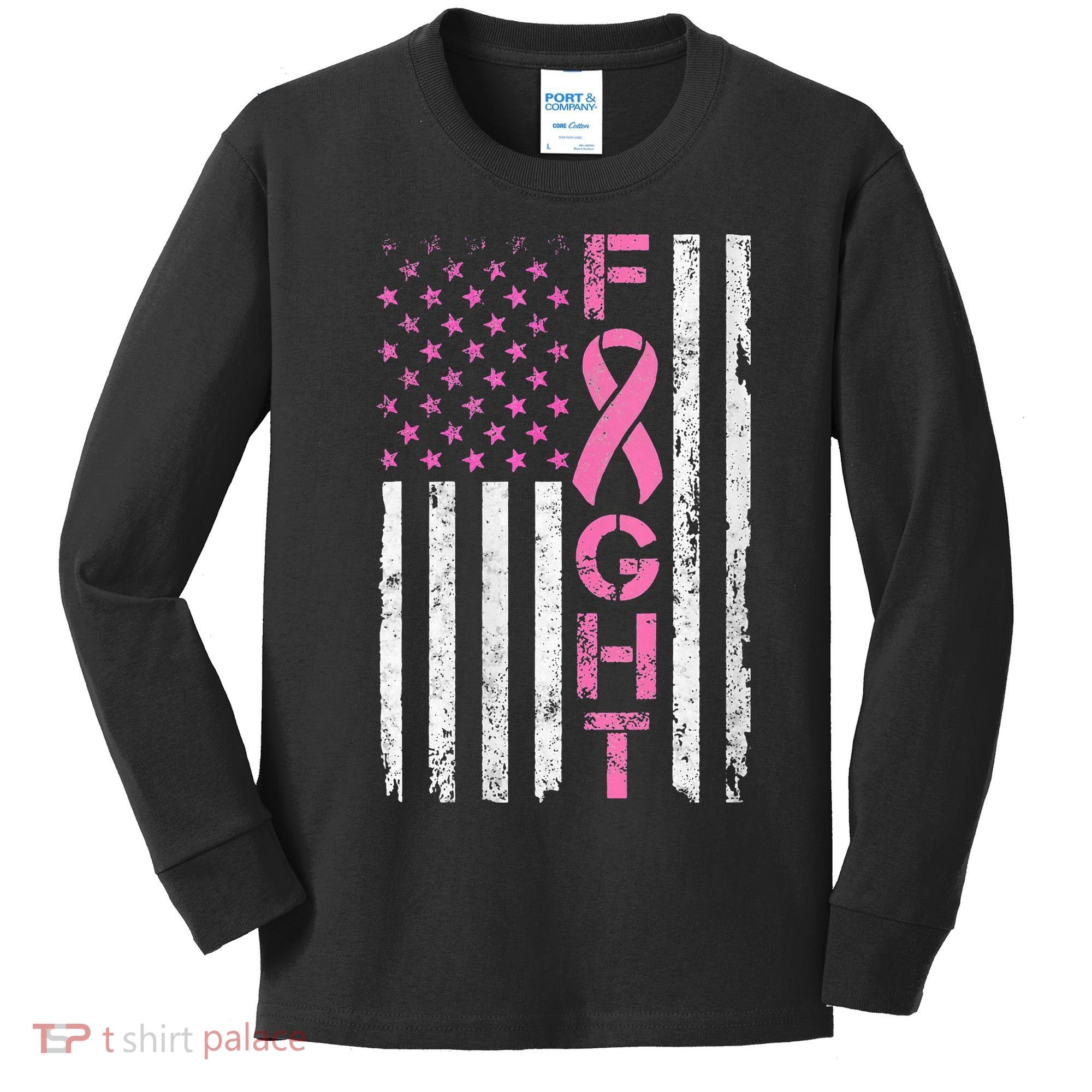 Breast Cancer Awareness American Flag Distressed Kids Long Sleeve Shirt