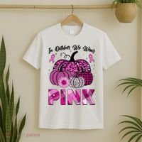 Breast Cancer Awareness In October We Wear Pink Pink Pumpkins T-Shirt thumb 2