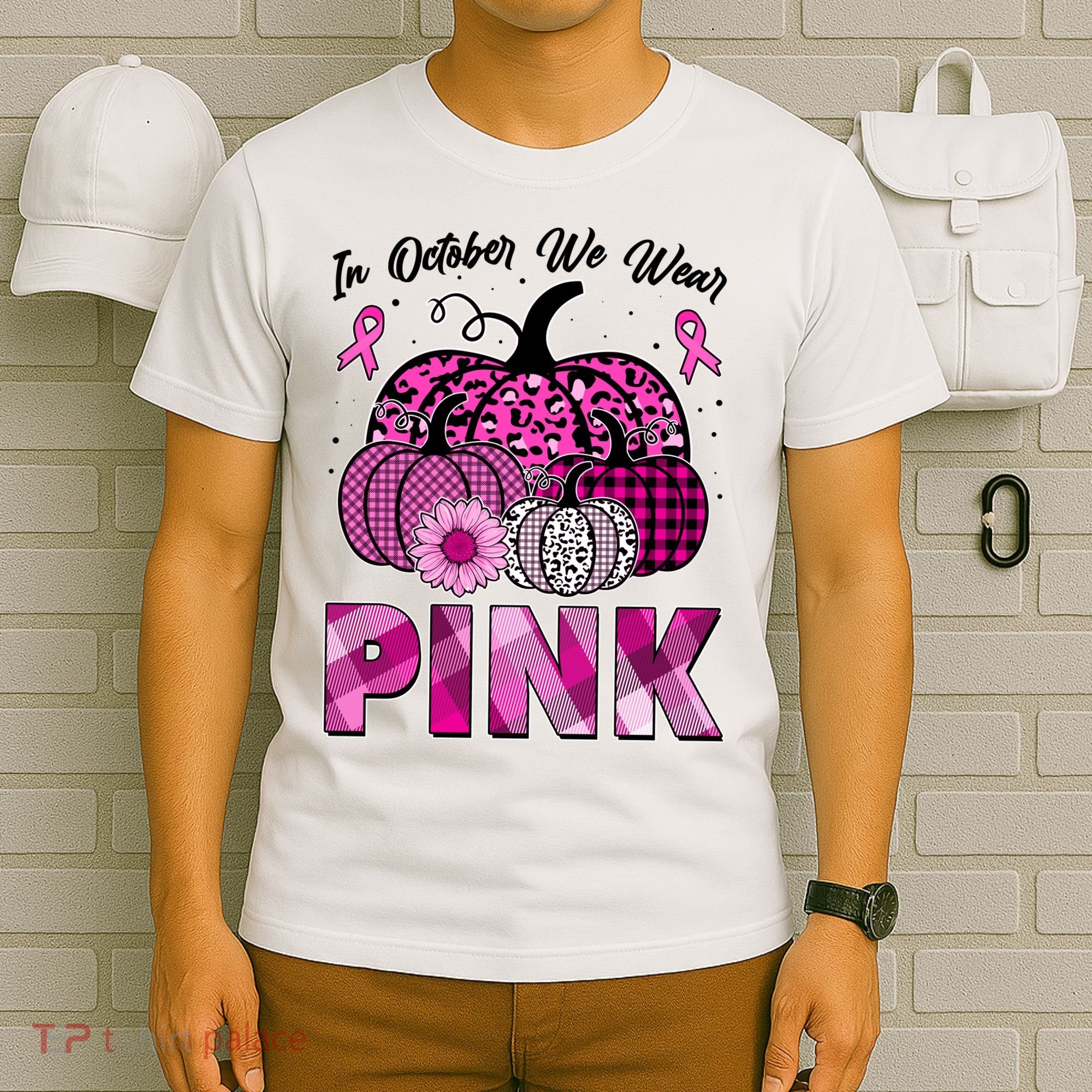 Breast Cancer Awareness In October We Wear Pink Pink Pumpkins T-Shirt