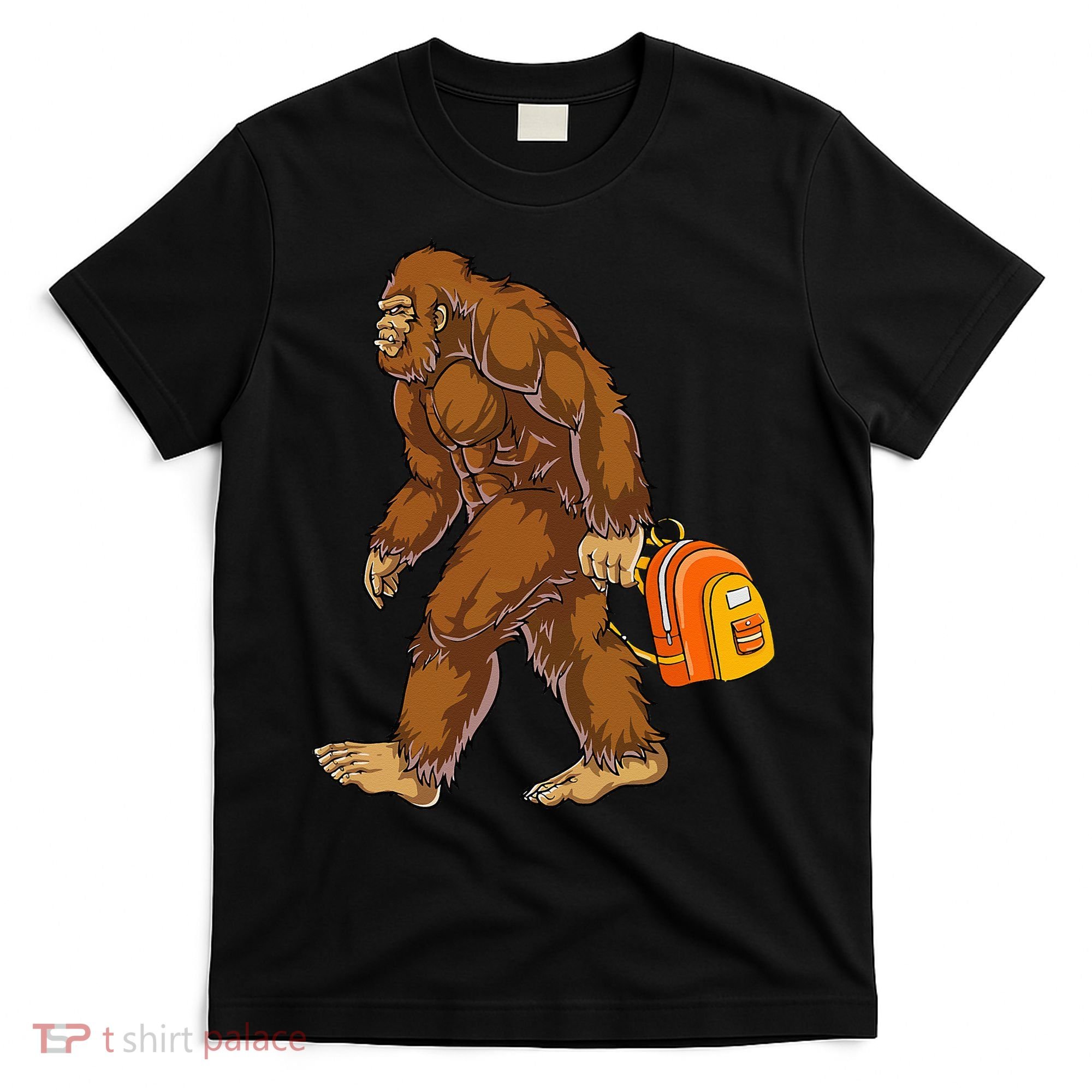 Bigfoot Carrying a Backpack Sasquatch Back To School Funny T-Shirt