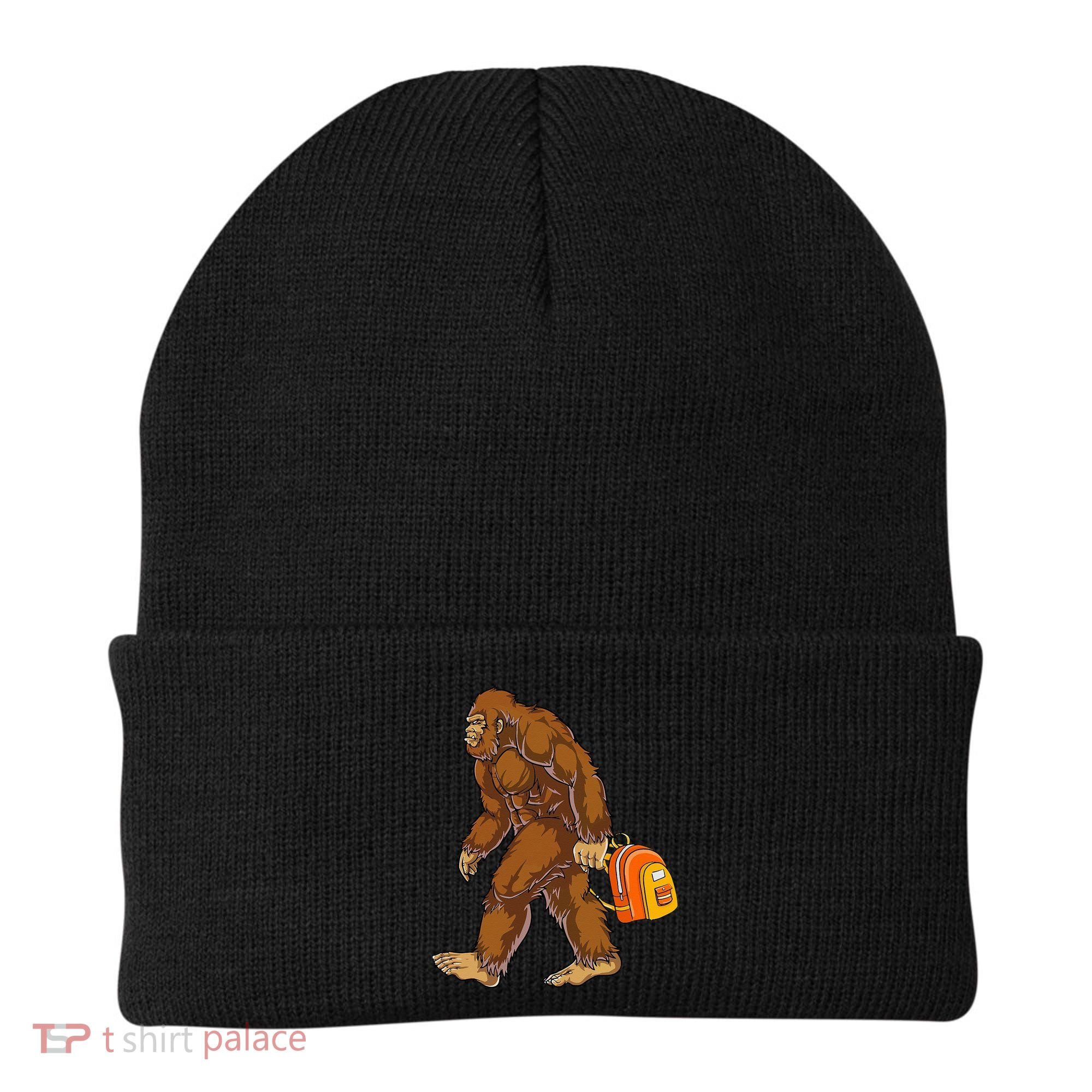 Bigfoot Carrying a Backpack Sasquatch Back To School Funny Beanie