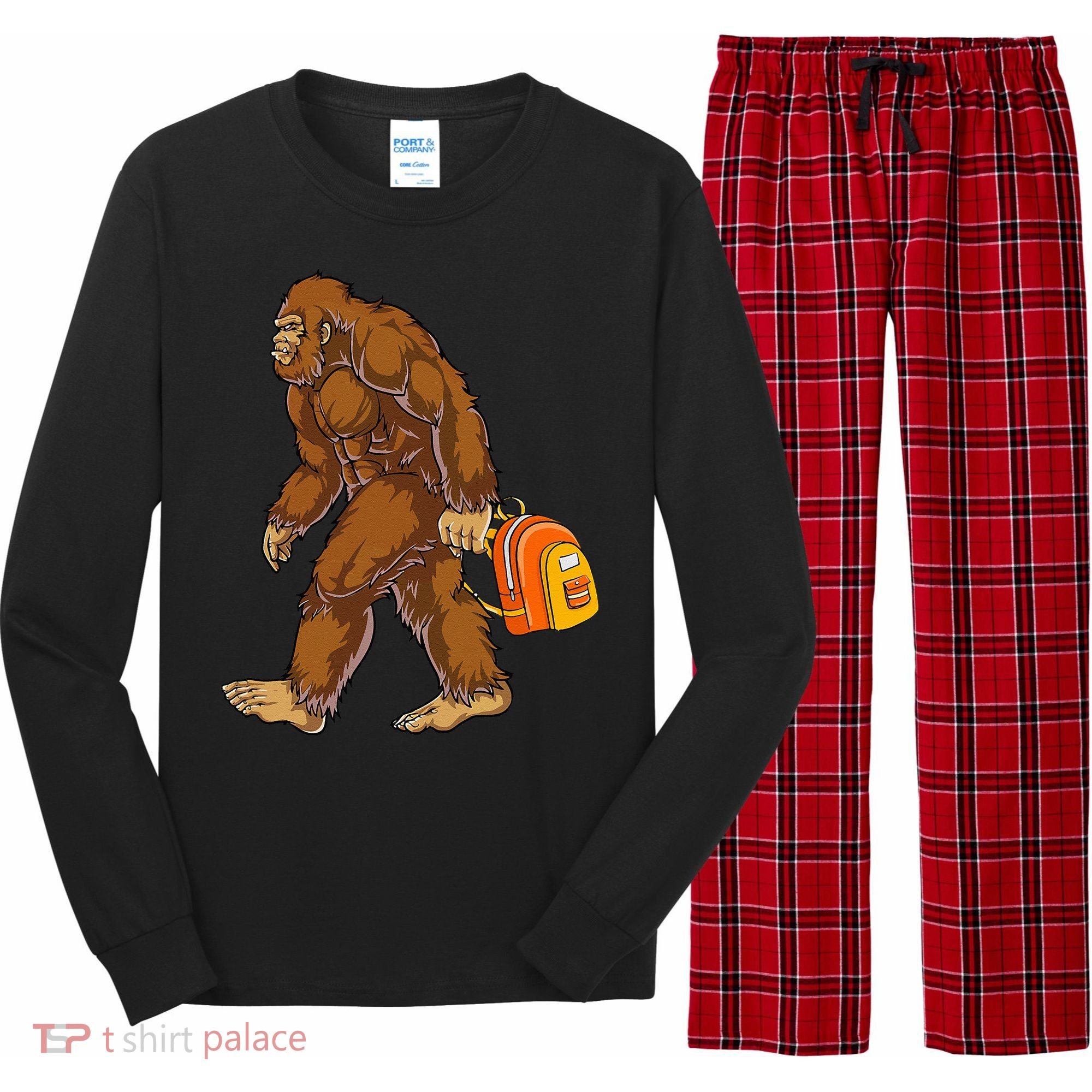 Bigfoot Carrying a Backpack Sasquatch Back To School Funny Long Sleeve Pajama Set