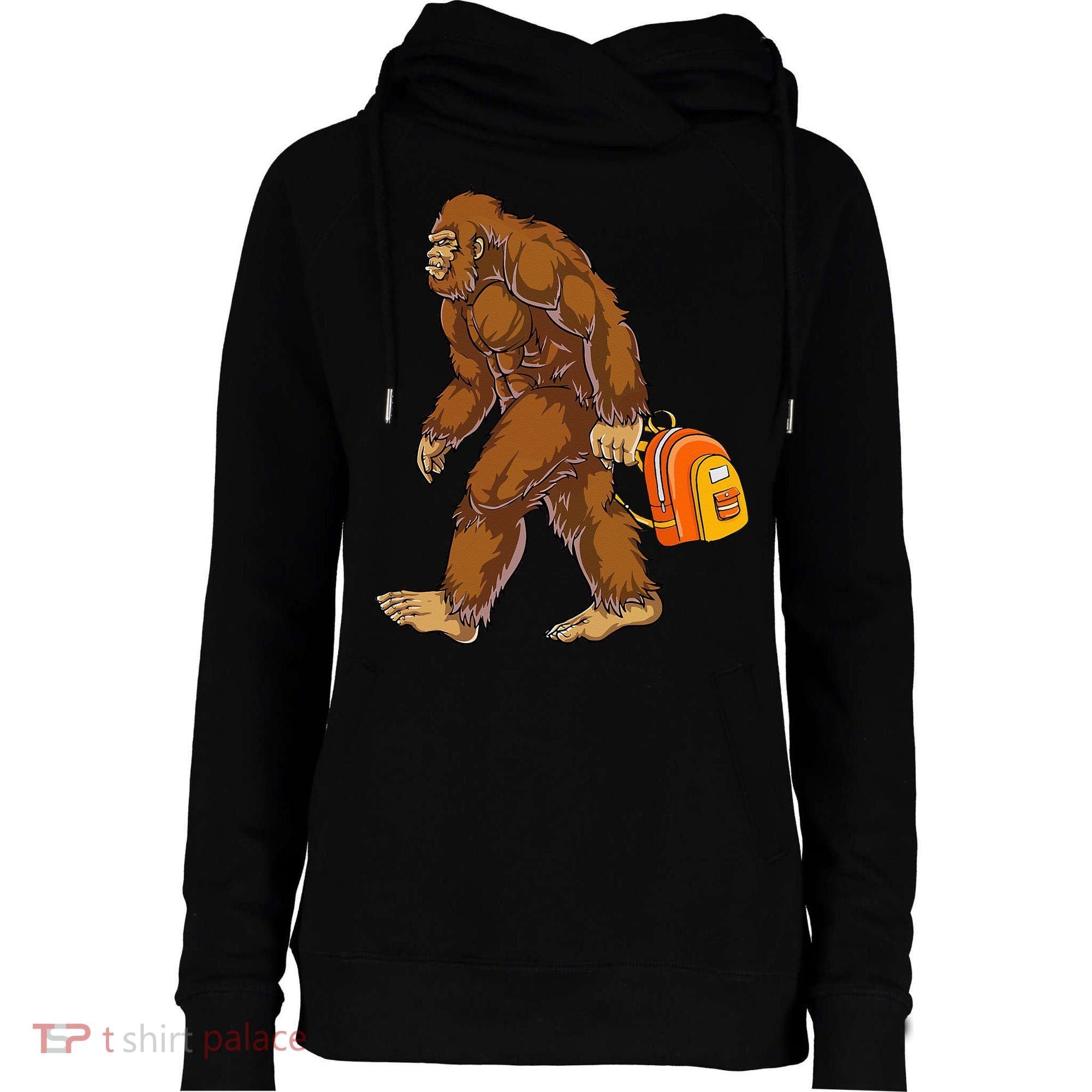 Bigfoot Carrying a Backpack Sasquatch Back To School Funny Womens Funnel Neck Pullover Hood