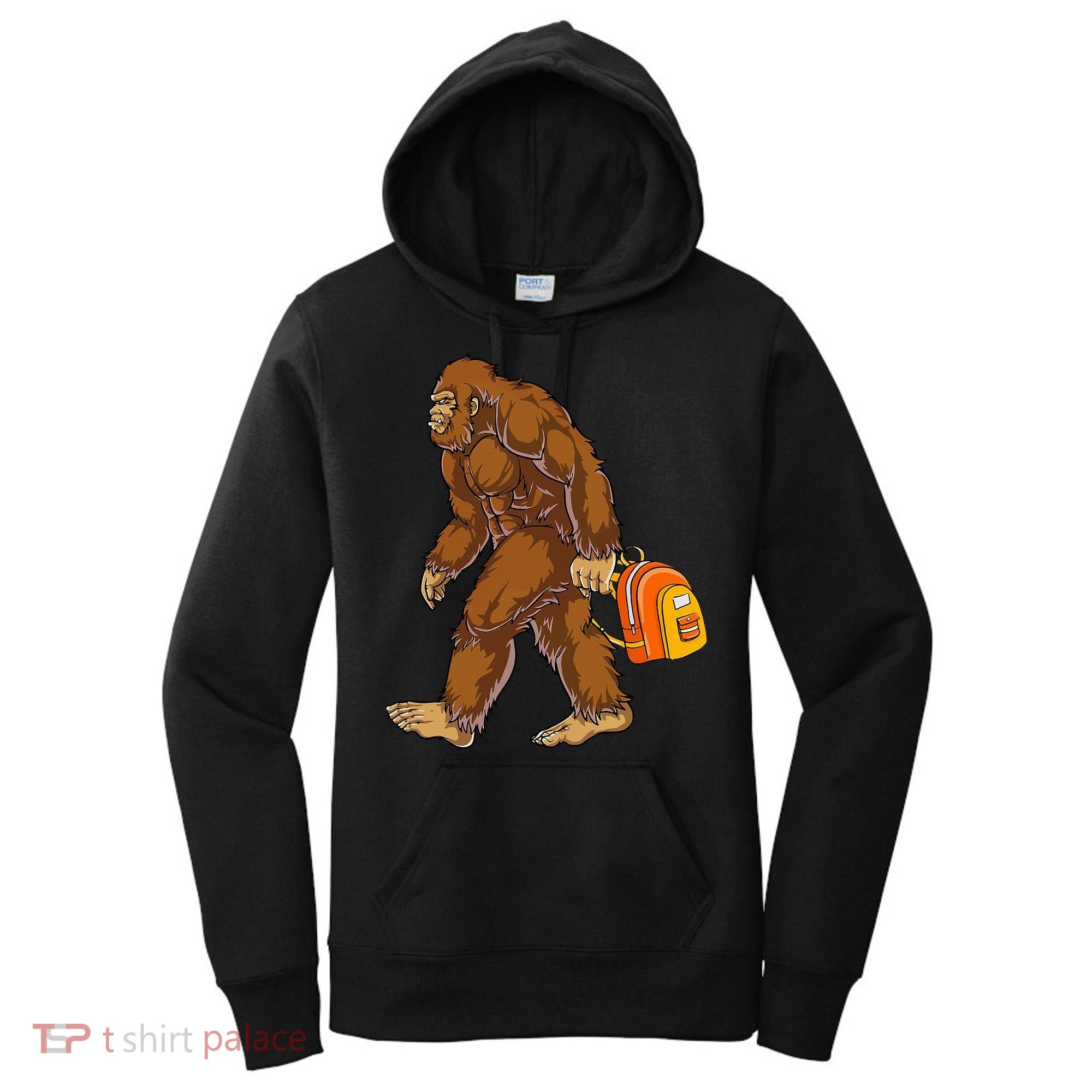 Bigfoot Carrying a Backpack Sasquatch Back To School Funny Women's Hoodie