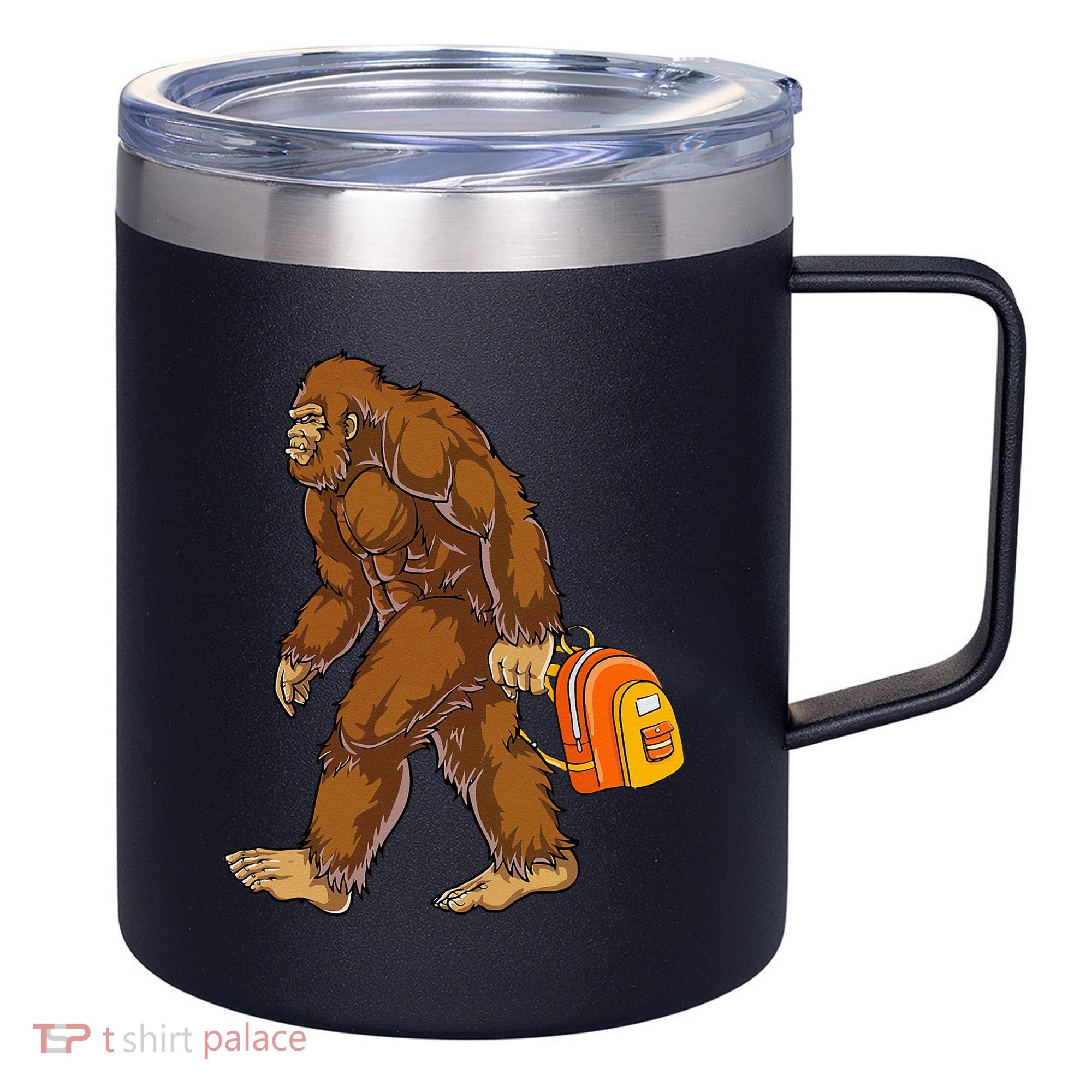 Bigfoot Carrying a Backpack Sasquatch Back To School Funny 12oz Stainless Steel Coffee Mug