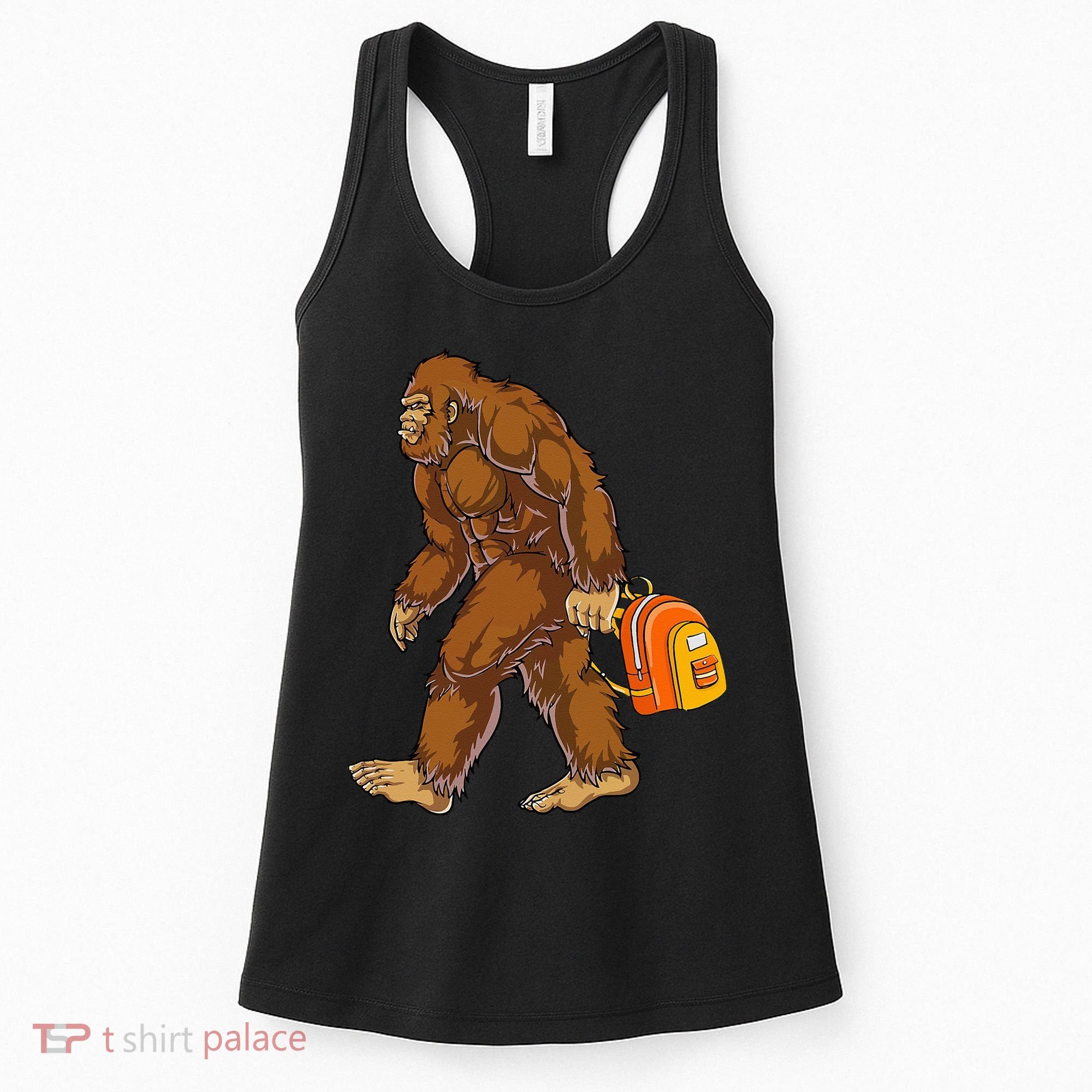 Bigfoot Carrying a Backpack Sasquatch Back To School Funny Women's Tank Top