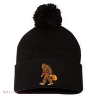 Bigfoot Carrying a Backpack Sasquatch Back To School Funny Pom Pom 12in Knit Beanie thumb 0