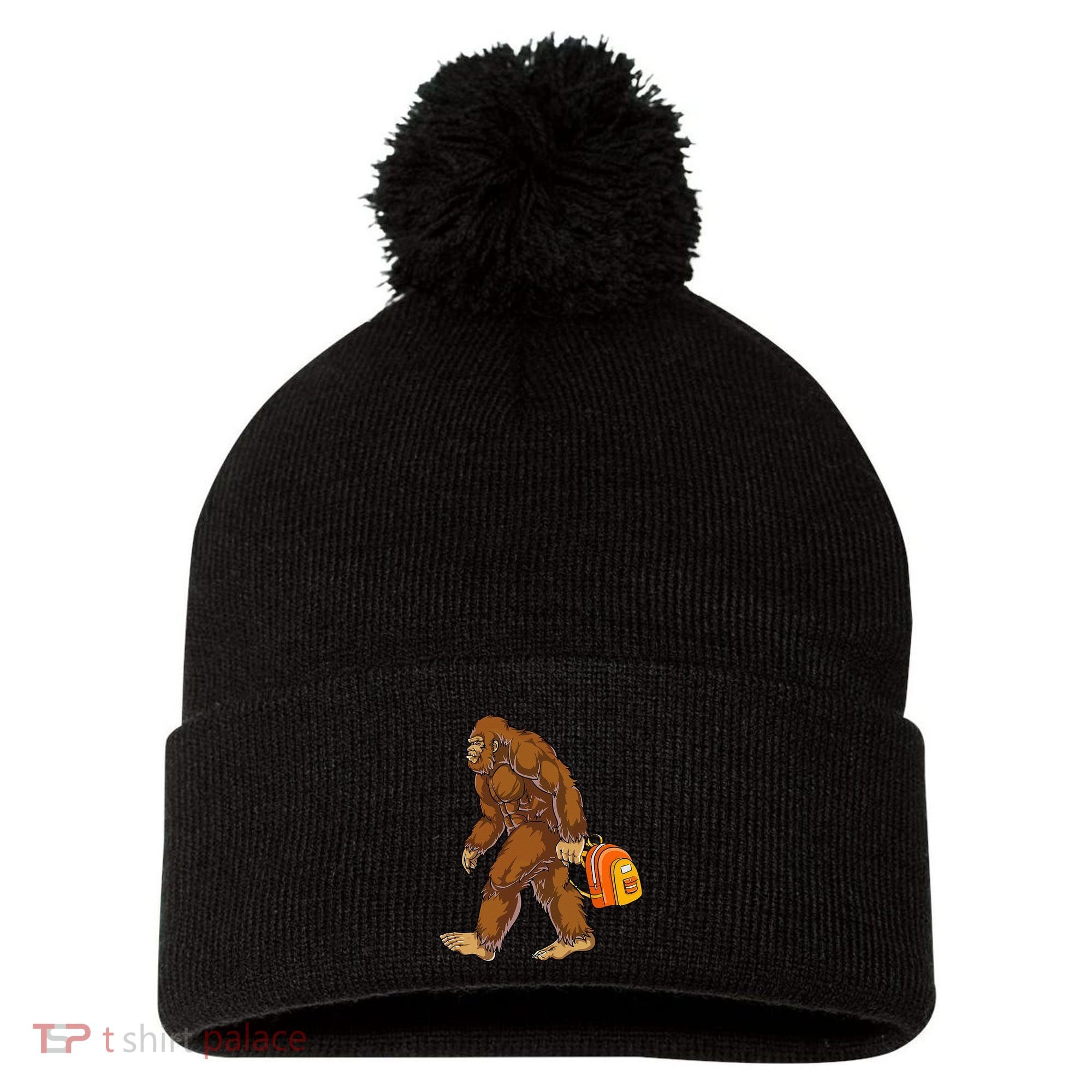 Bigfoot Carrying a Backpack Sasquatch Back To School Funny Pom Pom 12in Knit Beanie