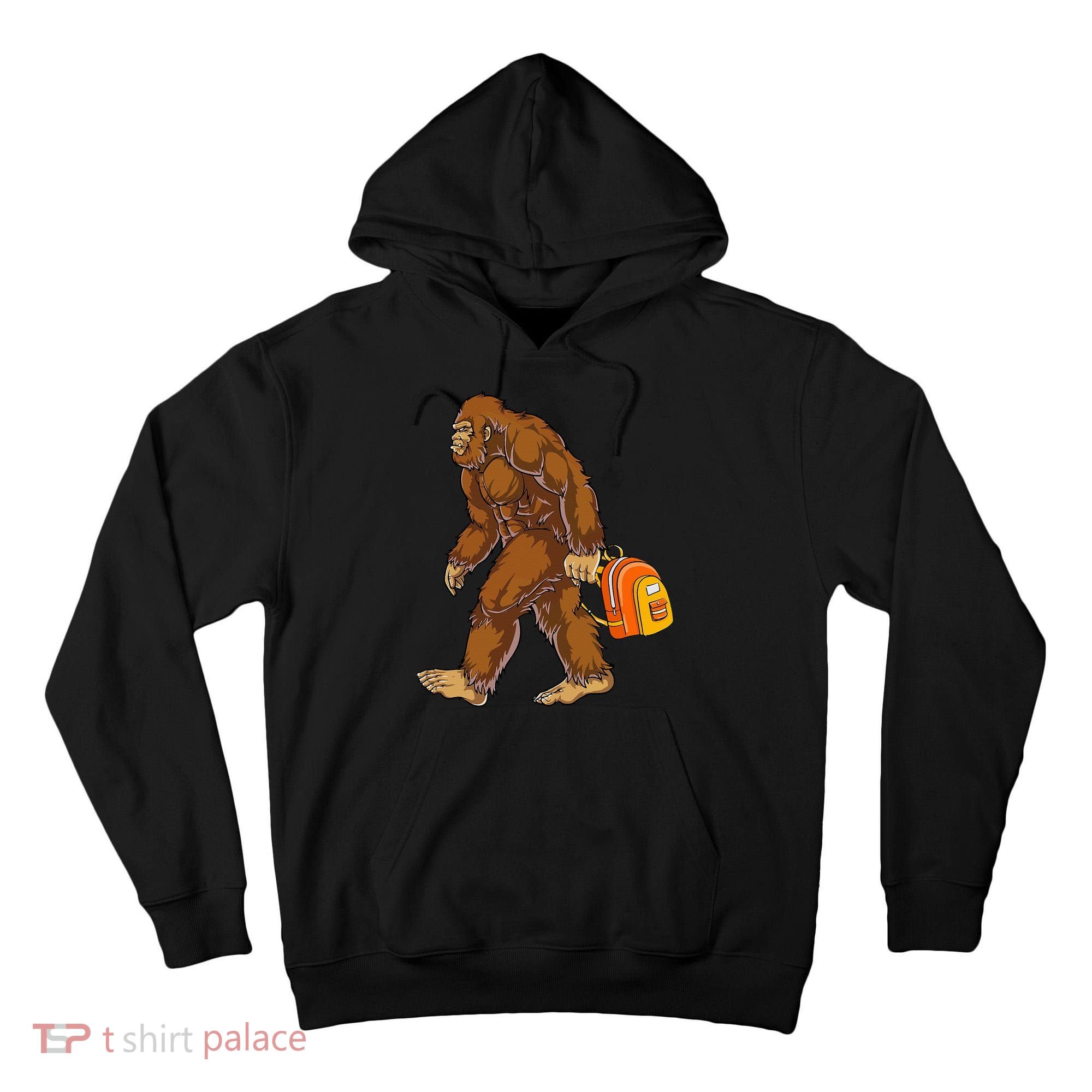 Bigfoot Carrying a Backpack Sasquatch Back To School Funny Tall Hoodie