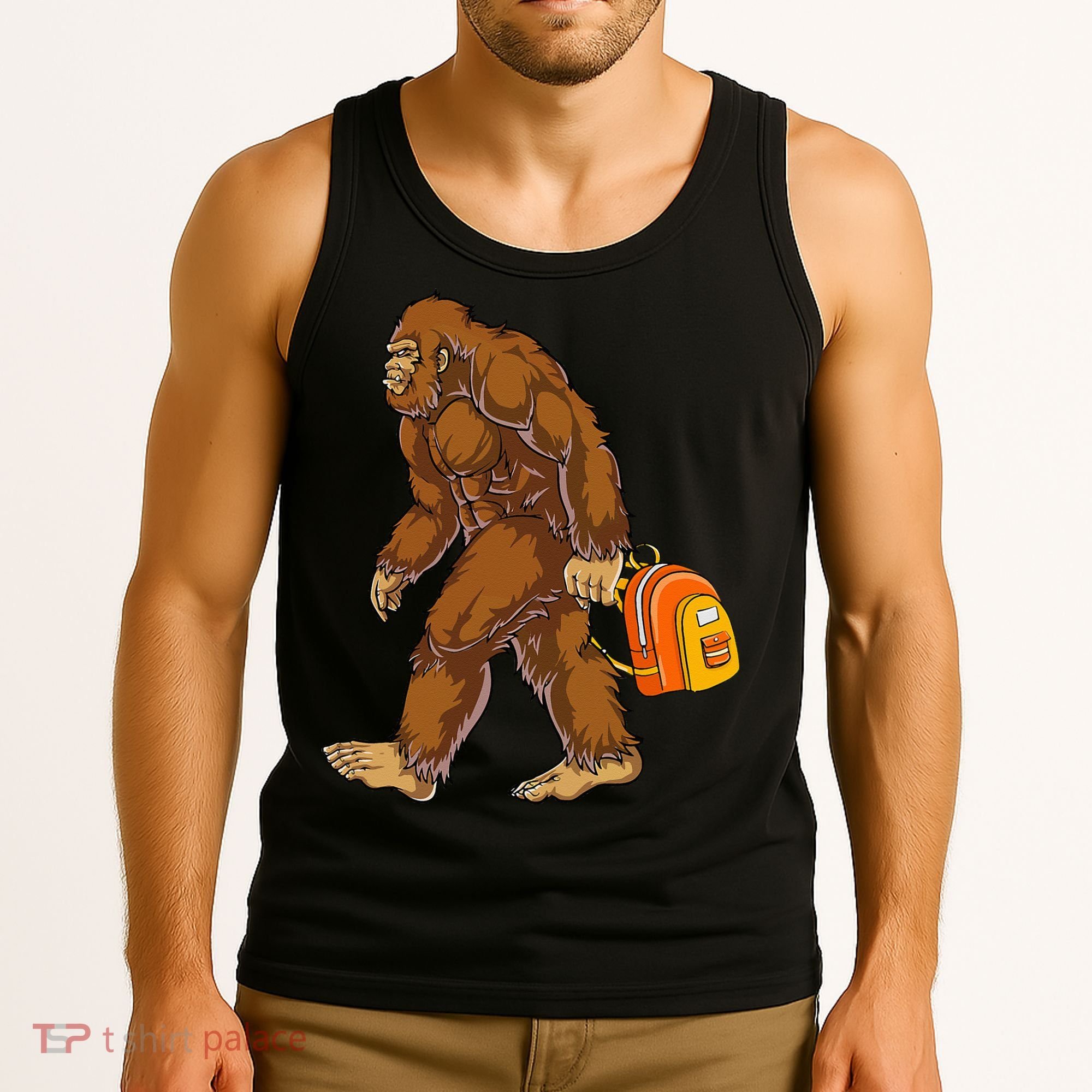 Bigfoot Carrying a Backpack Sasquatch Back To School Funny Tank Top