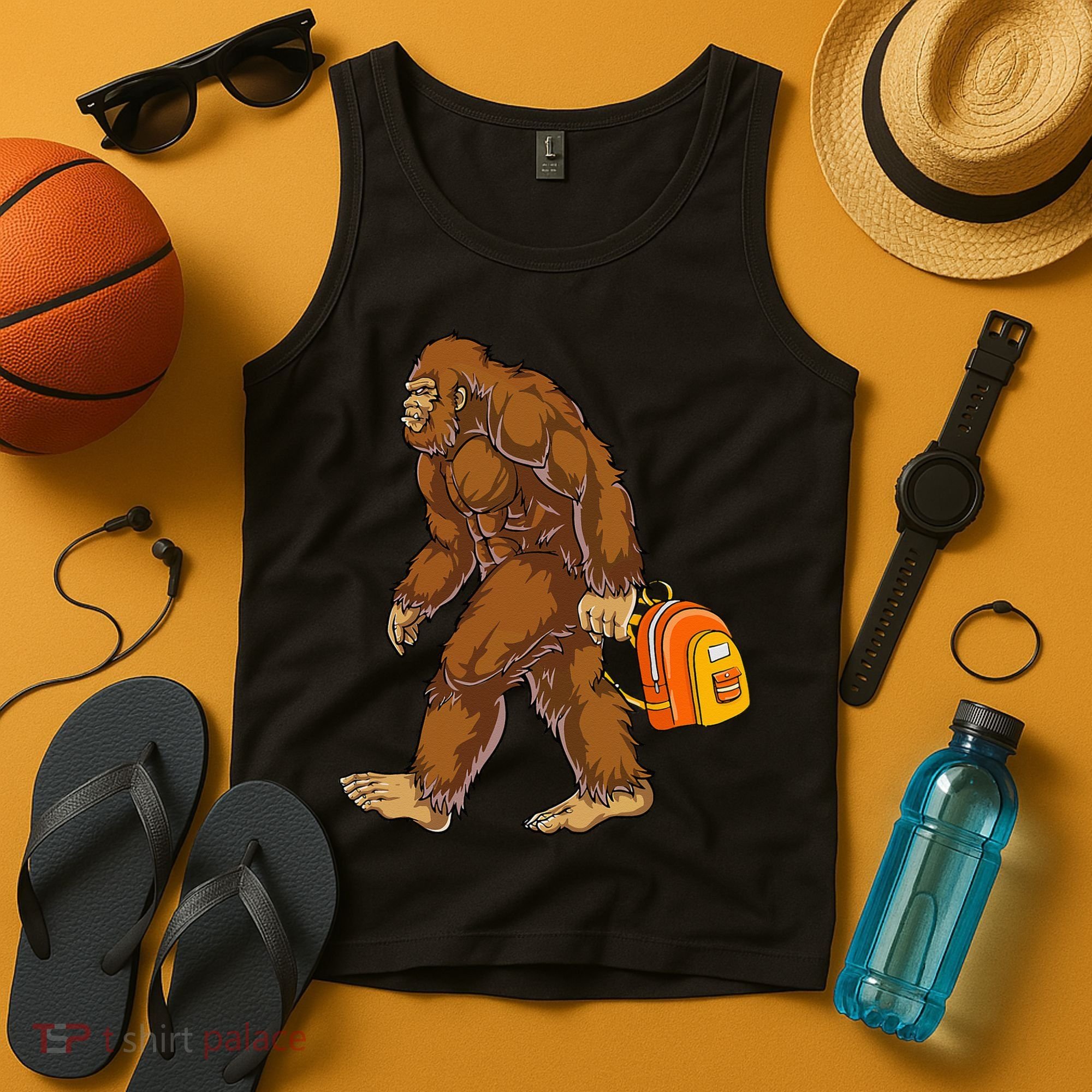 Bigfoot Carrying a Backpack Sasquatch Back To School Funny Tank Top