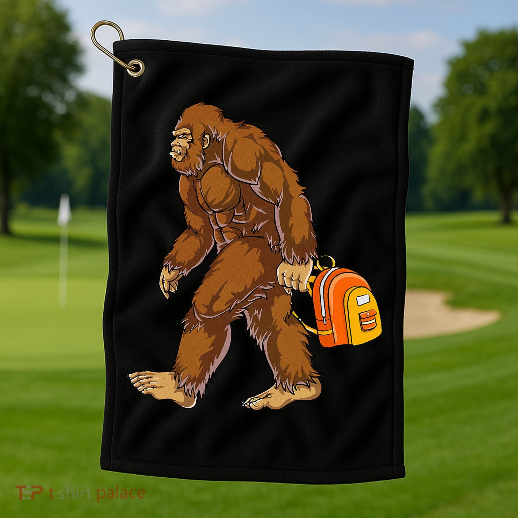 Bigfoot Carrying a Backpack Sasquatch Back To School Funny Golf Towel