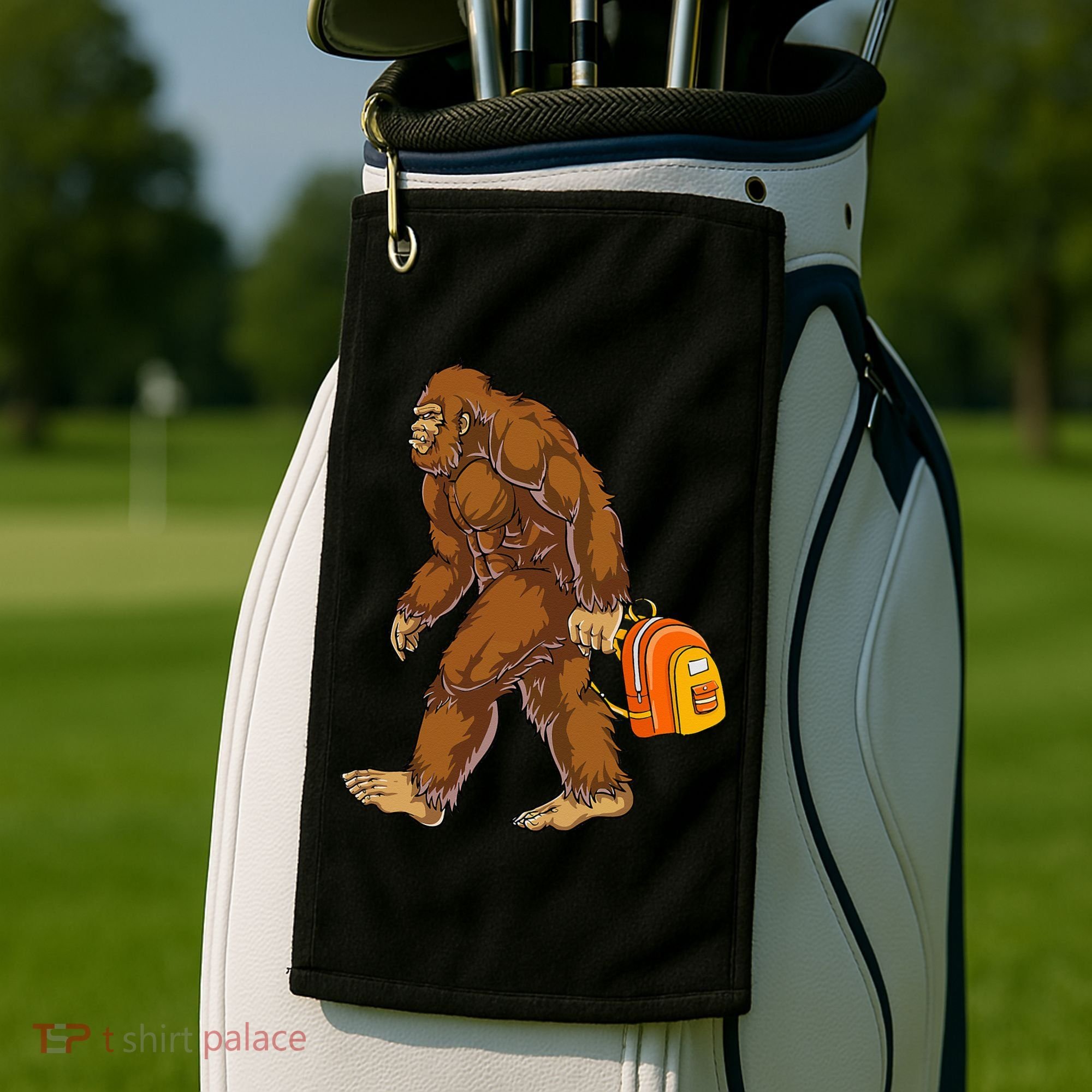 Bigfoot Carrying a Backpack Sasquatch Back To School Funny Golf Towel