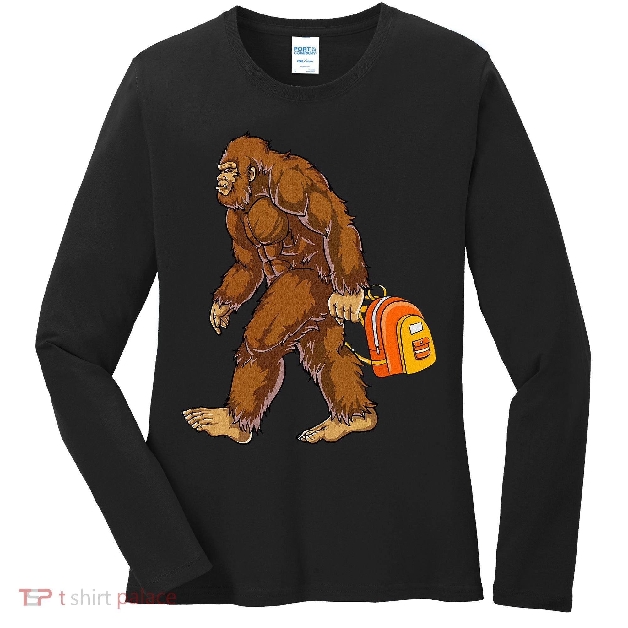 Bigfoot Carrying a Backpack Sasquatch Back To School Funny Women's Long Sleeve Shirt