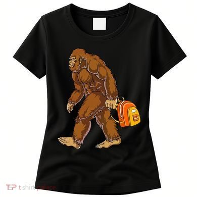 Bigfoot Carrying a Backpack Sasquatch Back To School Funny Women's T-Shirt