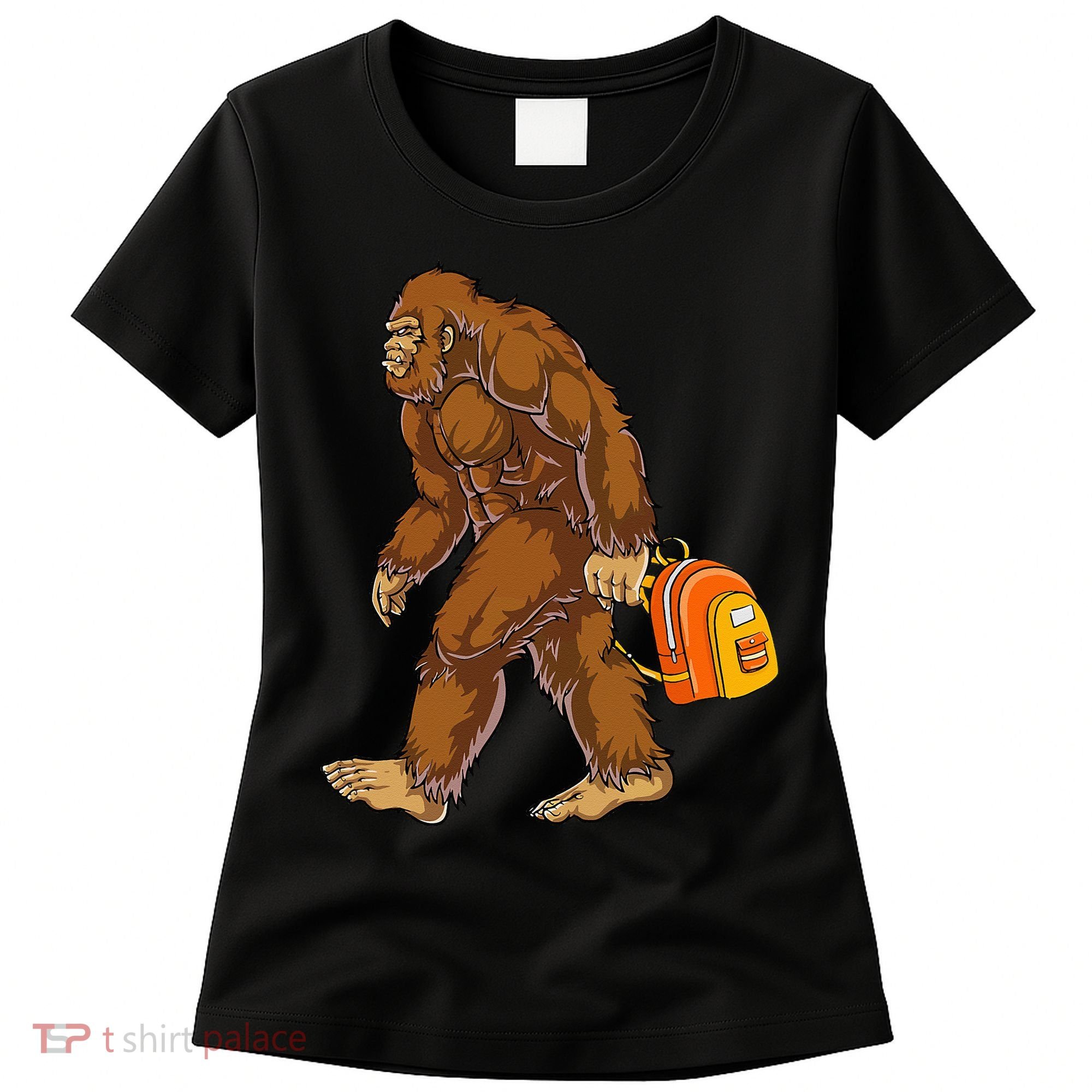Bigfoot Carrying a Backpack Sasquatch Back To School Funny Women's T-Shirt
