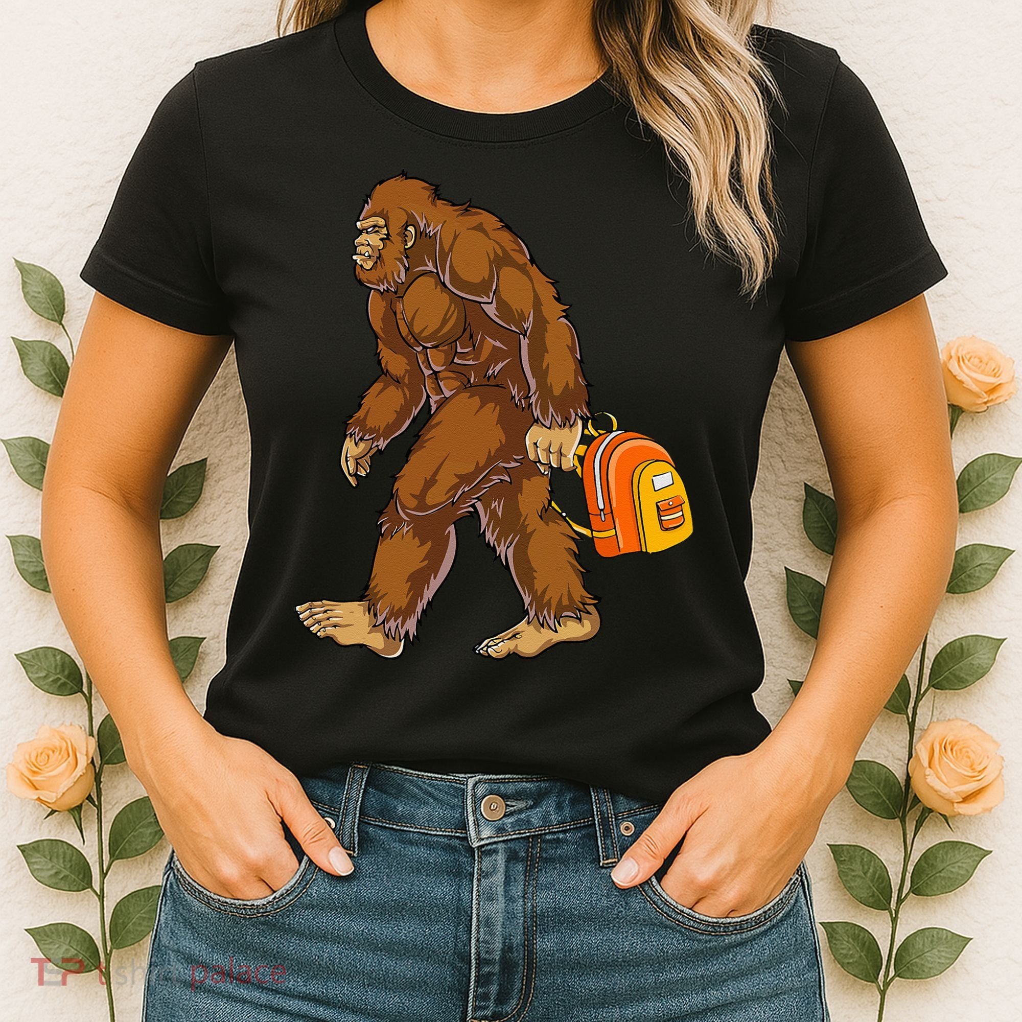 Bigfoot Carrying a Backpack Sasquatch Back To School Funny Women's T-Shirt