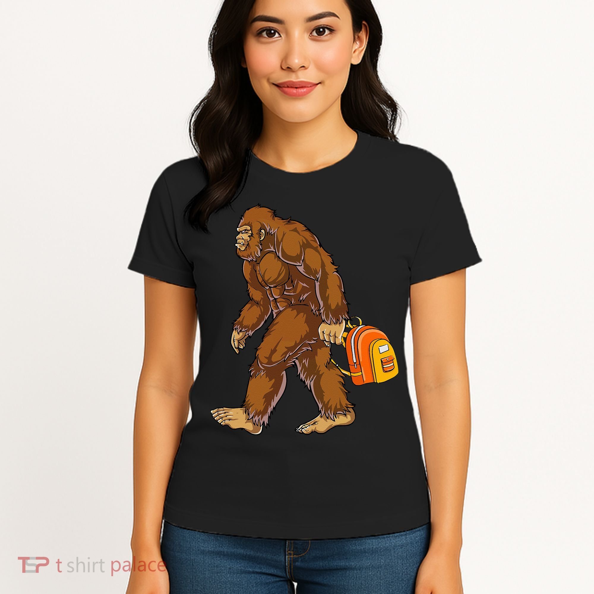 Bigfoot Carrying a Backpack Sasquatch Back To School Funny Women's T-Shirt