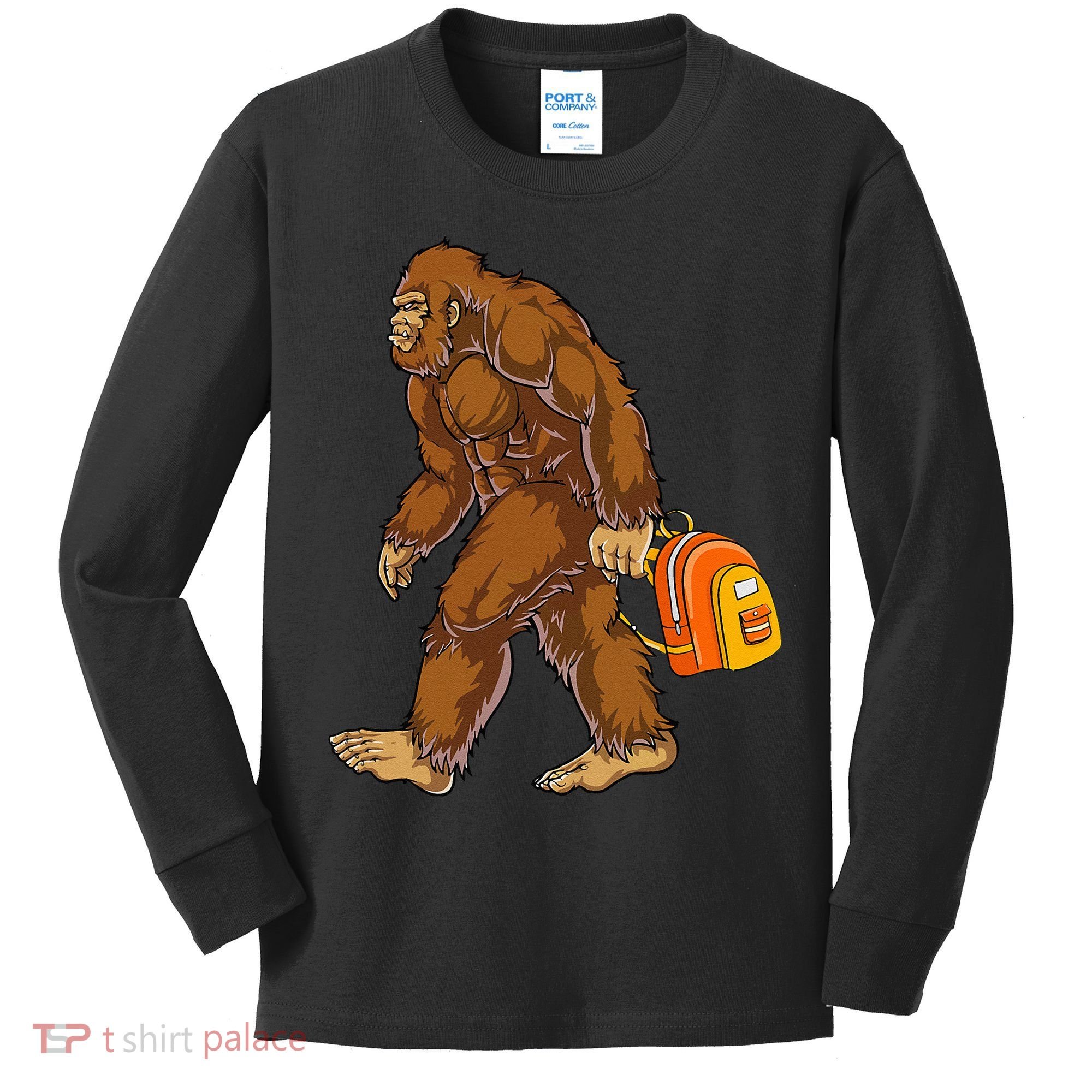 Bigfoot Carrying a Backpack Sasquatch Back To School Funny Kids Long Sleeve Shirt
