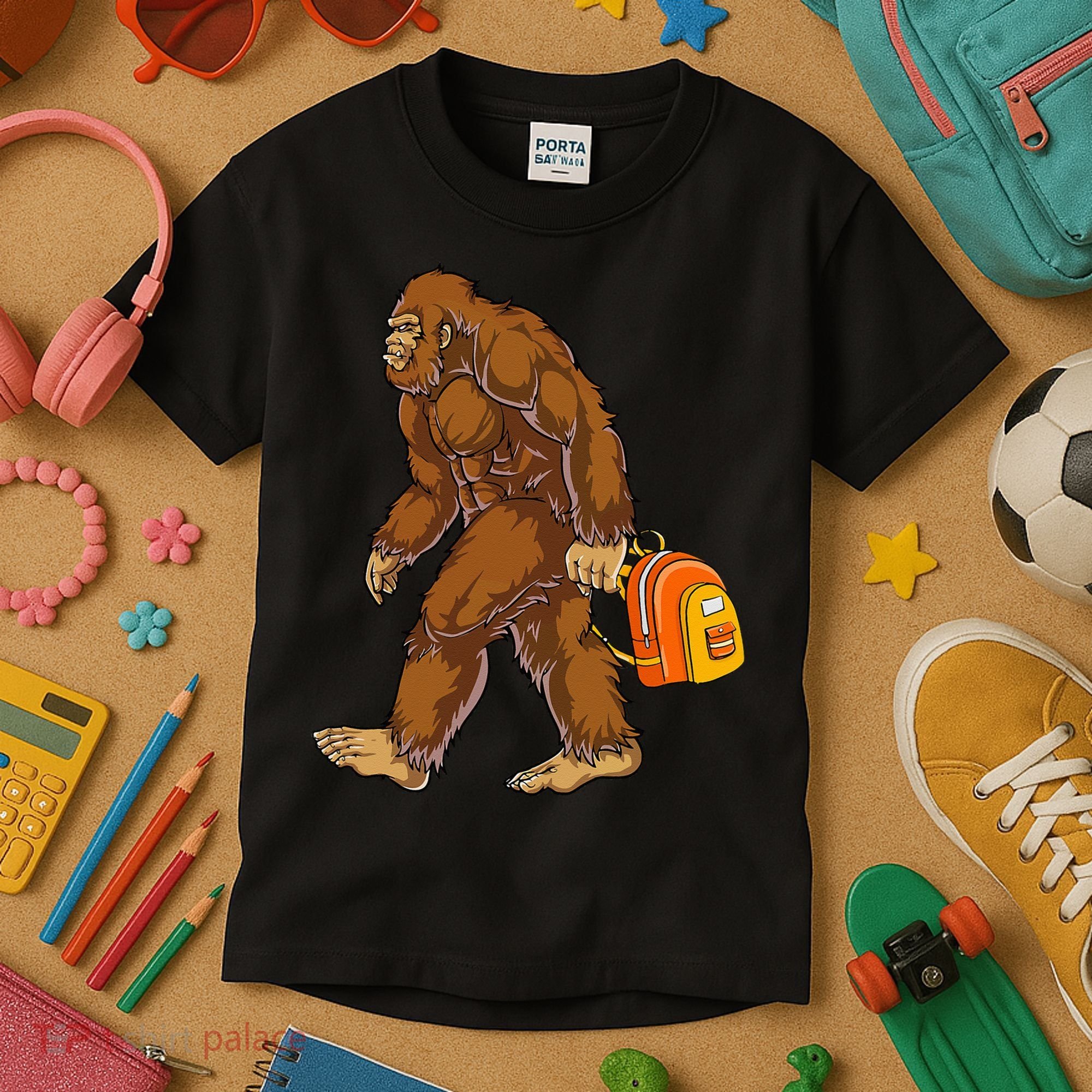 Bigfoot Carrying a Backpack Sasquatch Back To School Funny Kids T-Shirt