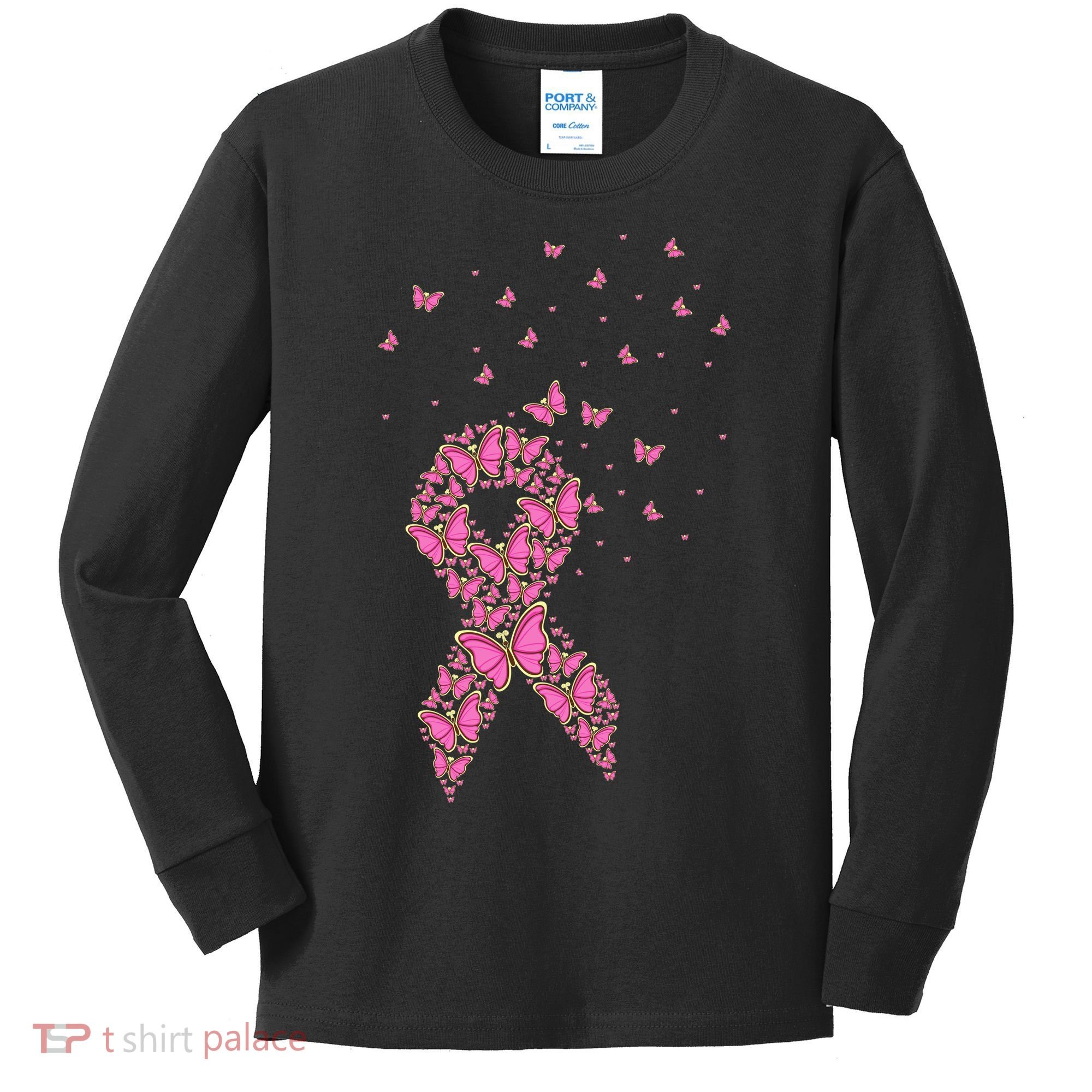 Breast Cancer Awareness Pink Butterfly Ribbon Kids Long Sleeve Shirt