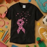Breast Cancer Awareness Pink Butterfly Ribbon Kids T-Shirt thumb 3