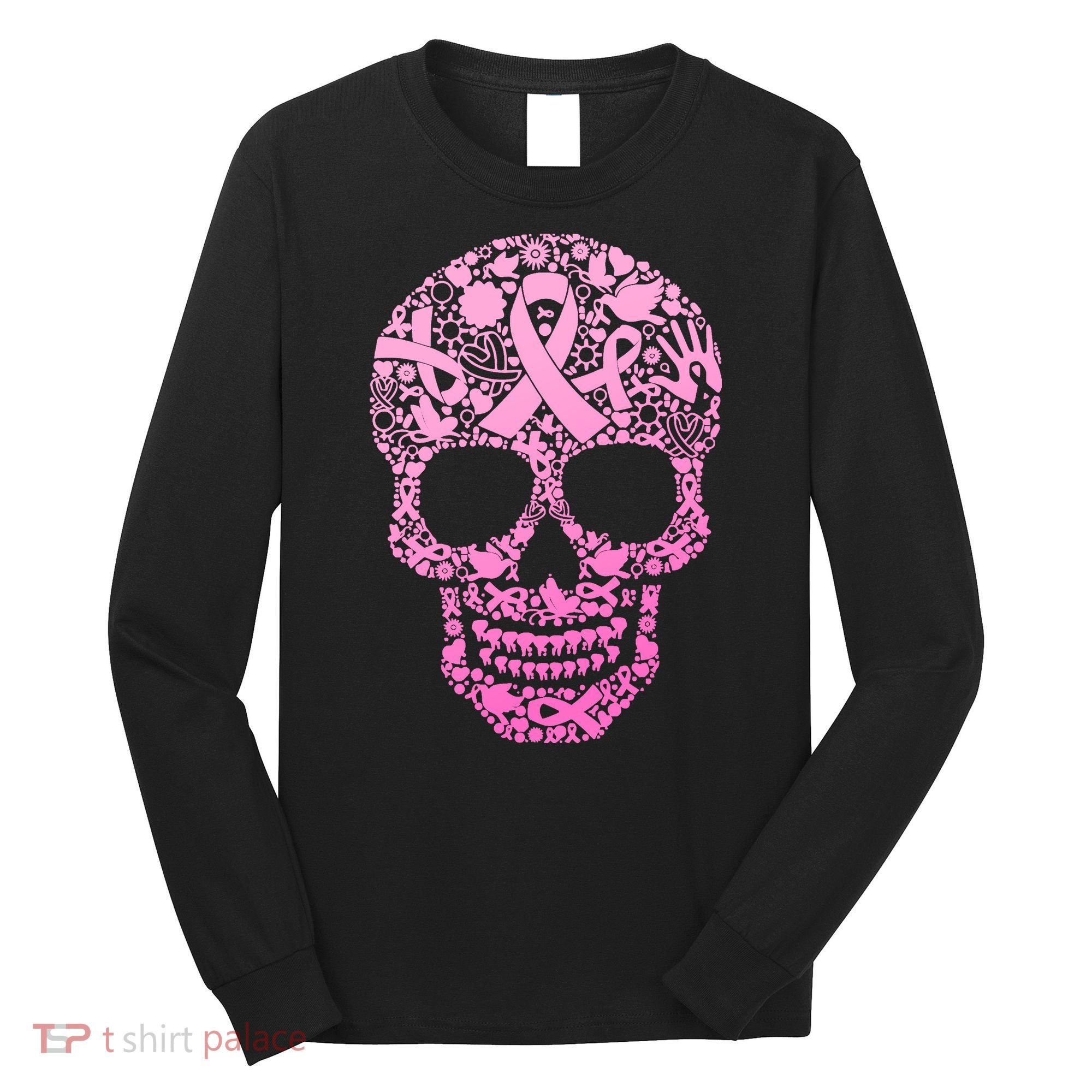 Breast Cancer Awareness Month Pink Ribbon Skull Long Sleeve Shirt