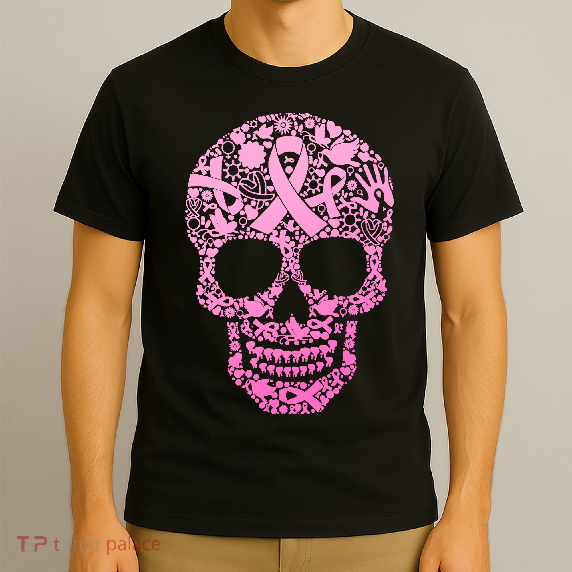 Breast Cancer Awareness Month Pink Ribbon Skull T-Shirt