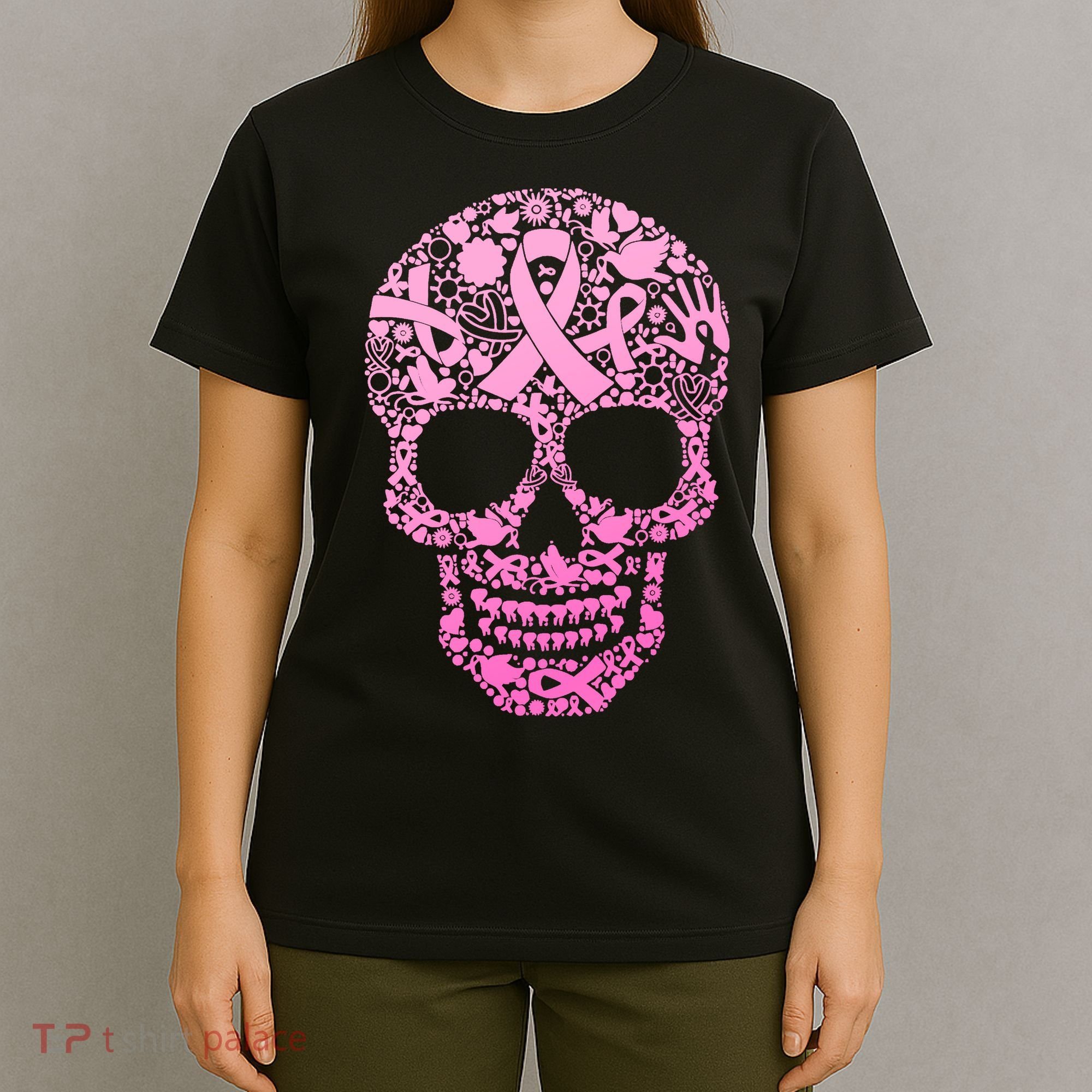 Breast Cancer Awareness Month Pink Ribbon Skull T-Shirt