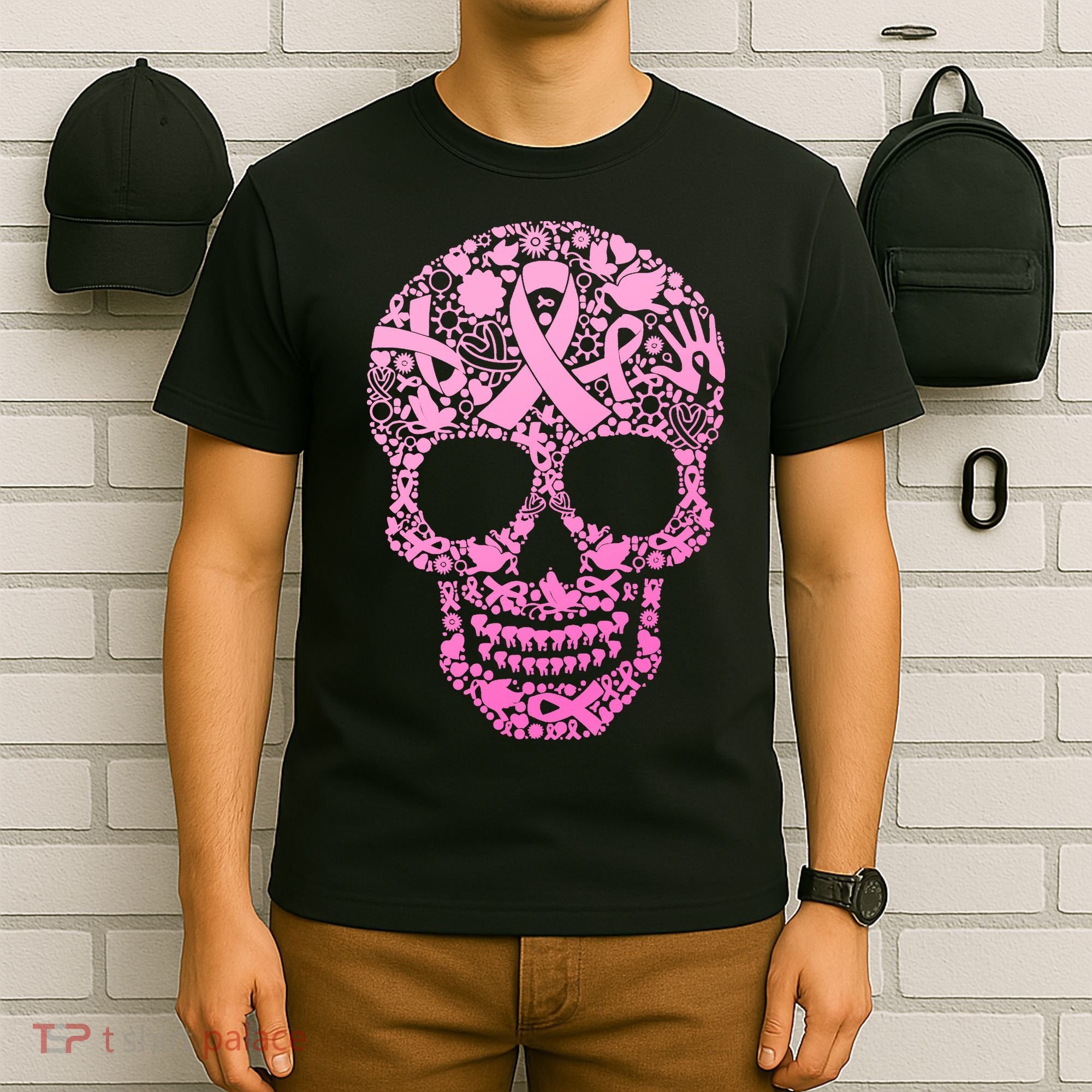 Breast Cancer Awareness Month Pink Ribbon Skull T-Shirt