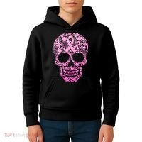 Breast Cancer Awareness Month Pink Ribbon Skull Kids Hoodie thumb 4