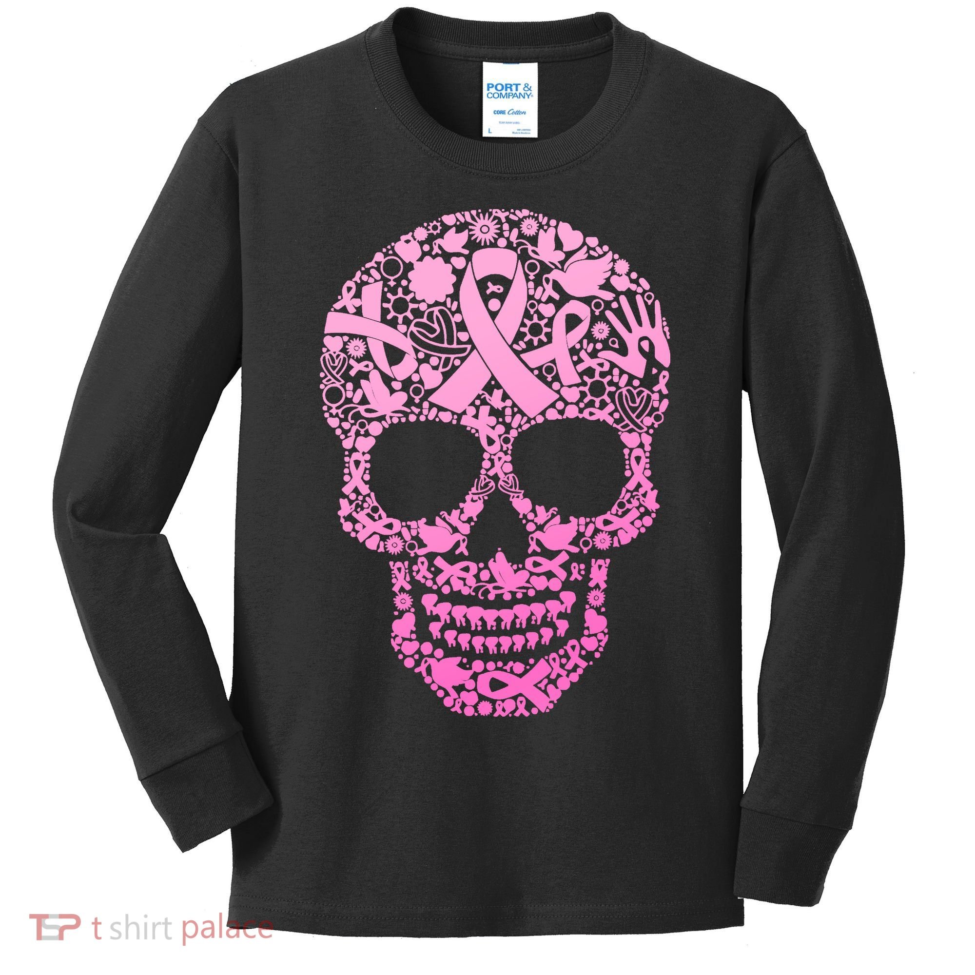 Breast Cancer Awareness Month Pink Ribbon Skull Kids Long Sleeve Shirt