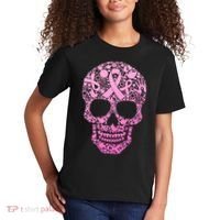Breast Cancer Awareness Month Pink Ribbon Skull Kids T-Shirt thumb 2