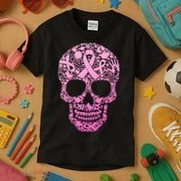 Breast Cancer Awareness Month Pink Ribbon Skull Kids T-Shirt thumb 3