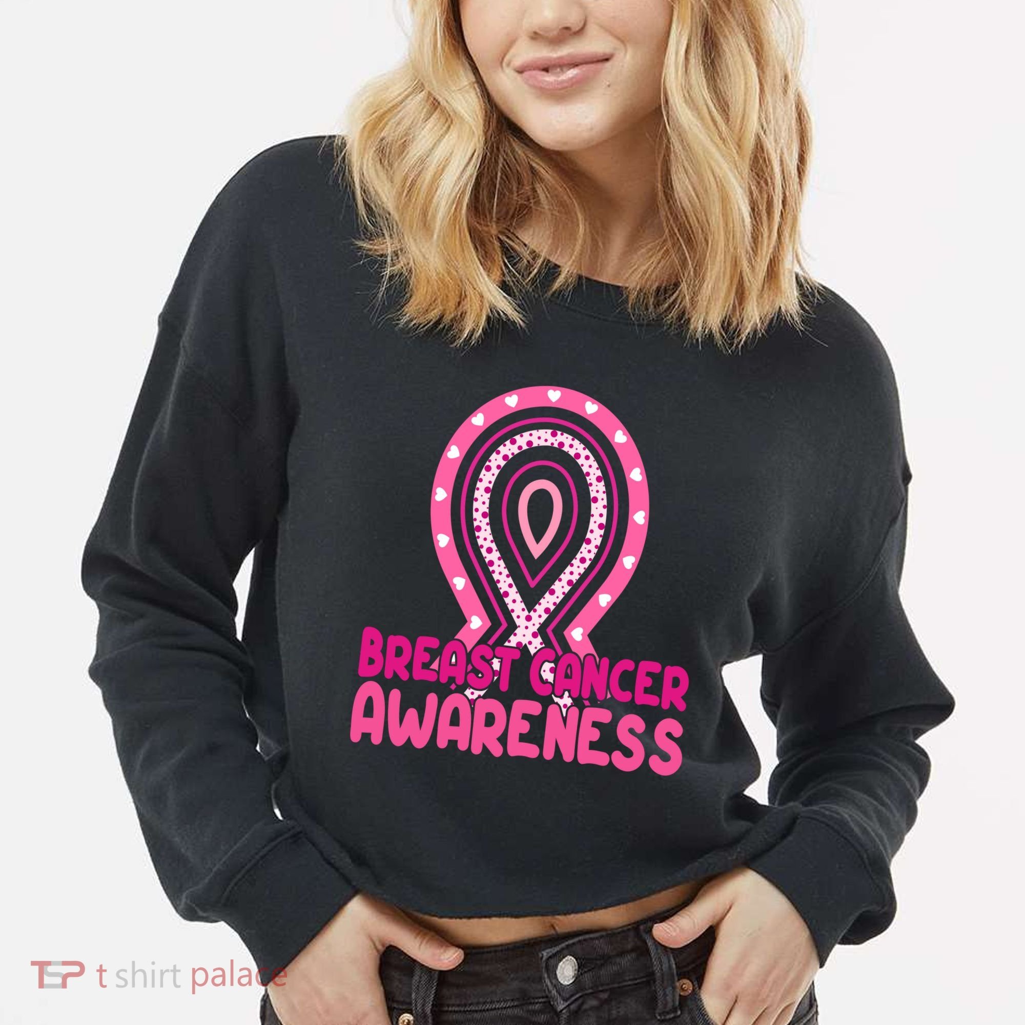 Breast Cancer Awareness Ribbon Heart Cropped Pullover Crew