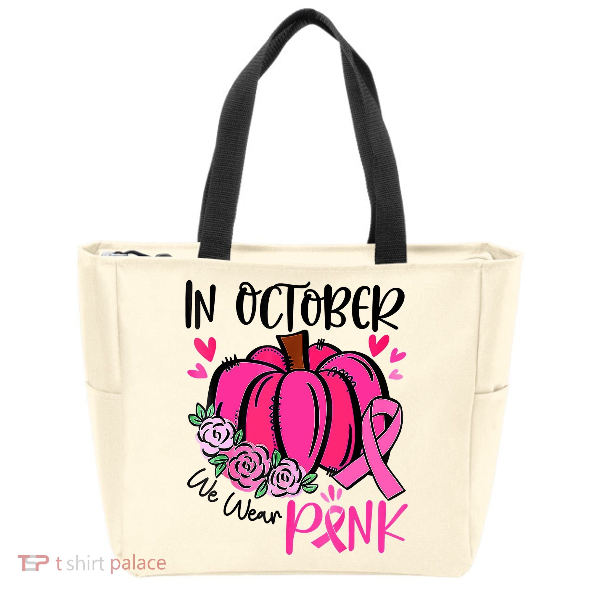 Breast Cancer Awareness In October We Wear Pink Pumpkin Tote Bag