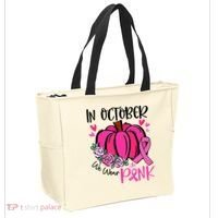 Breast Cancer Awareness In October We Wear Pink Pumpkin Tote Bag thumb 2