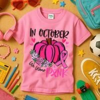 Breast Cancer Awareness In October We Wear Pink Pumpkin Kids T-Shirt thumb 3