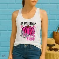 Breast Cancer Awareness In October We Wear Pink Pumpkin Women's Tank Top thumb 2