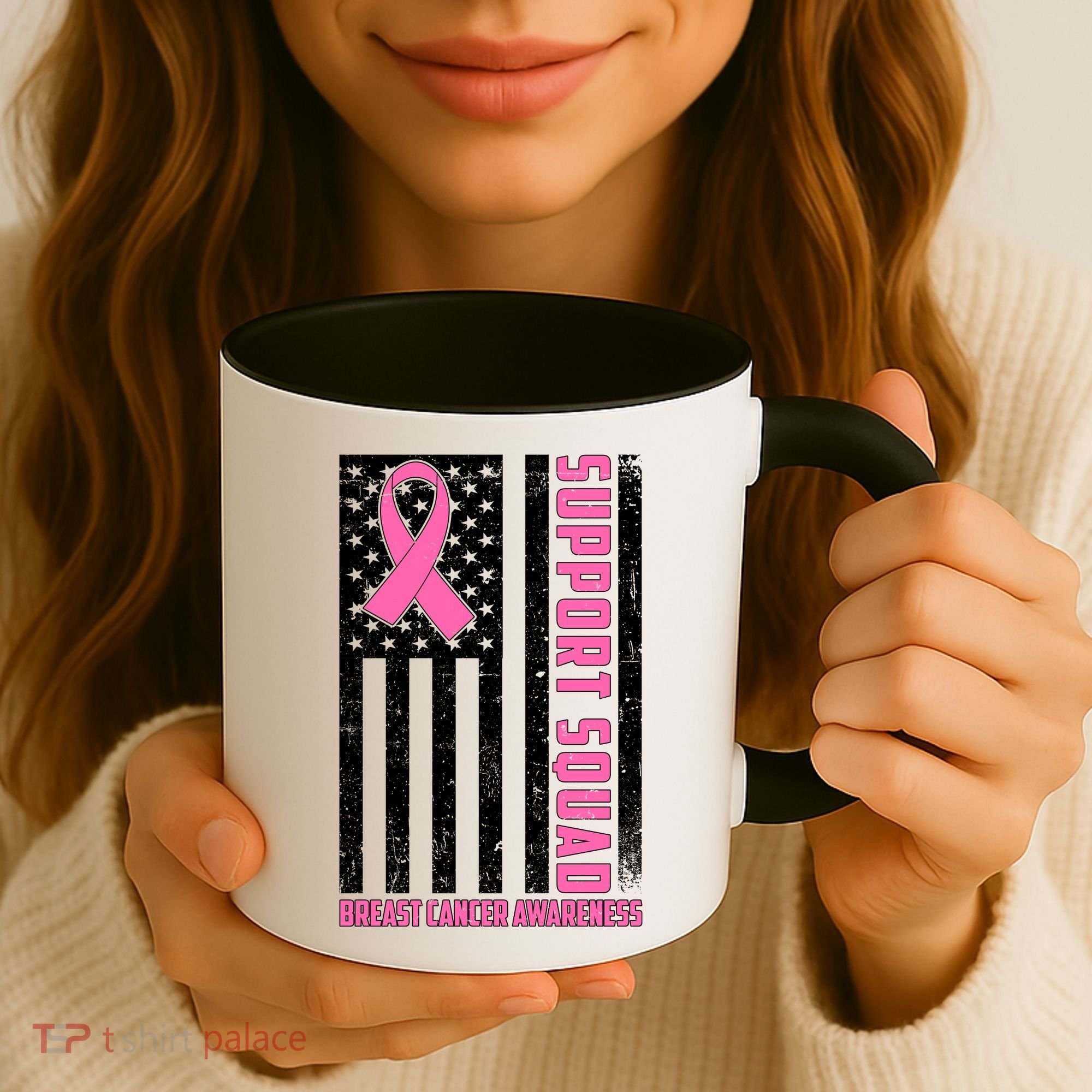 Breast Cancer Awareness Support Squad Distressed USA Flag Coffee Mug