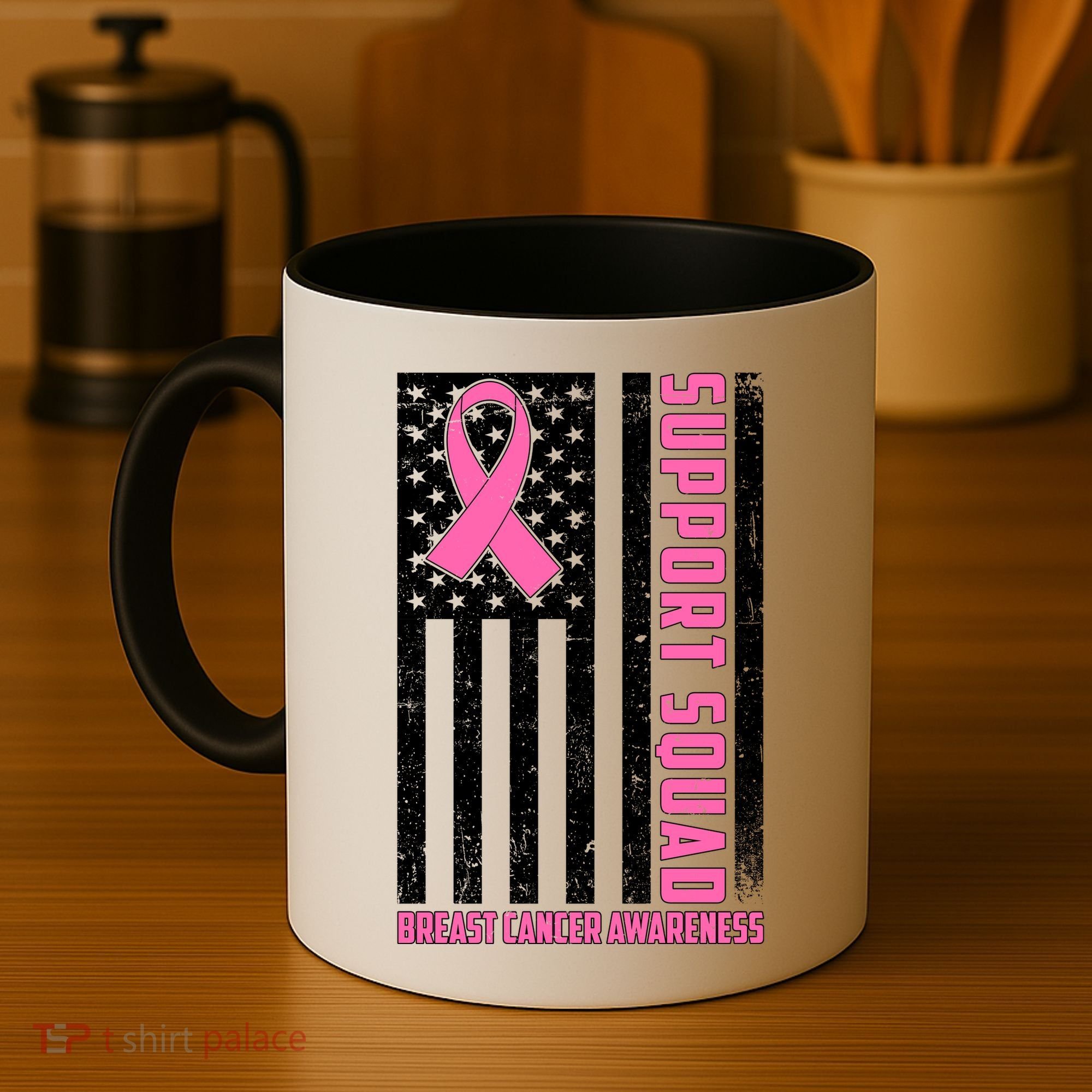 Breast Cancer Awareness Support Squad Distressed USA Flag Coffee Mug